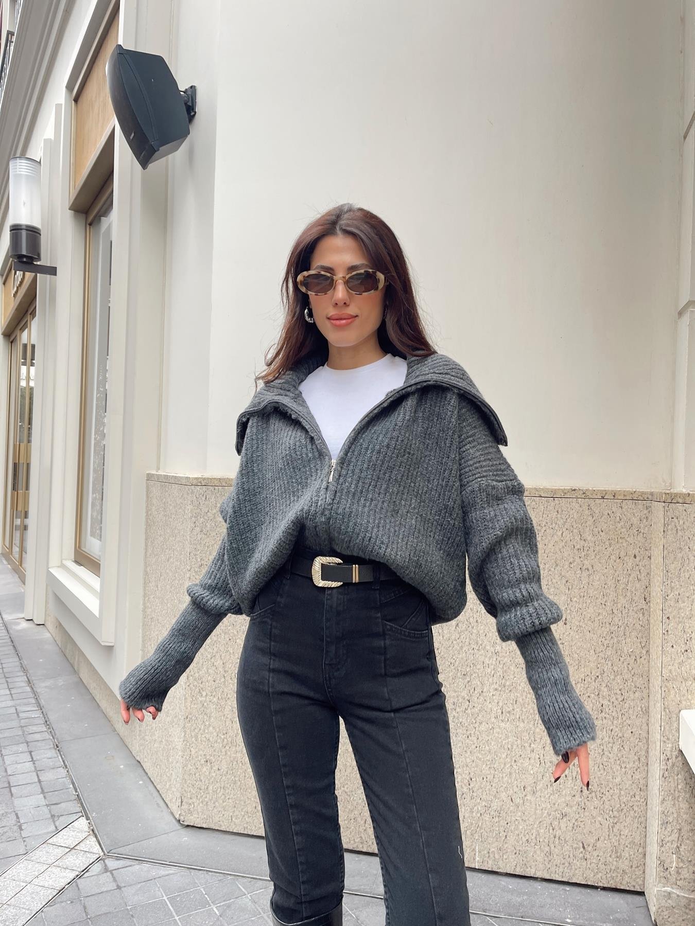 Şal Yaka Fermuarlı Hırka ANTRASİT