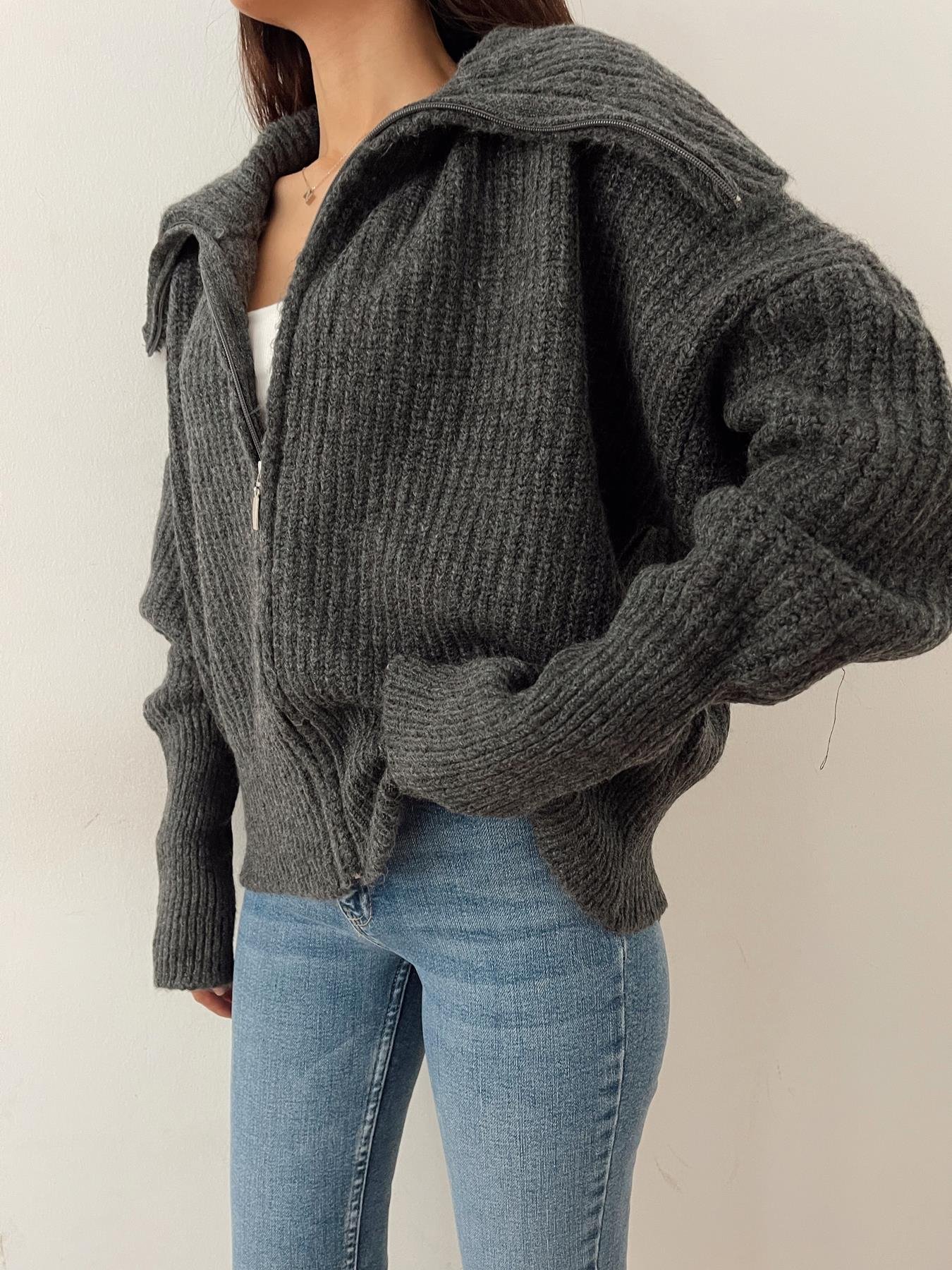 Şal Yaka Fermuarlı Hırka ANTRASİT