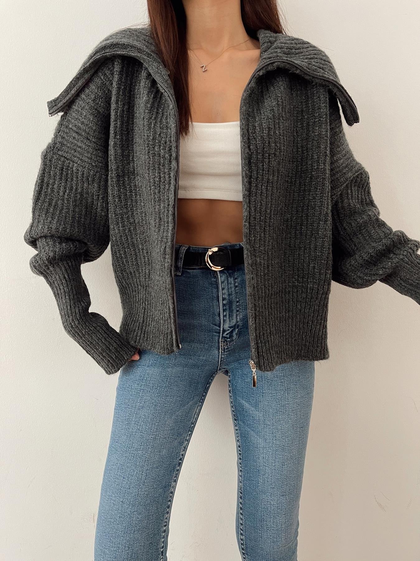 Şal Yaka Fermuarlı Hırka ANTRASİT