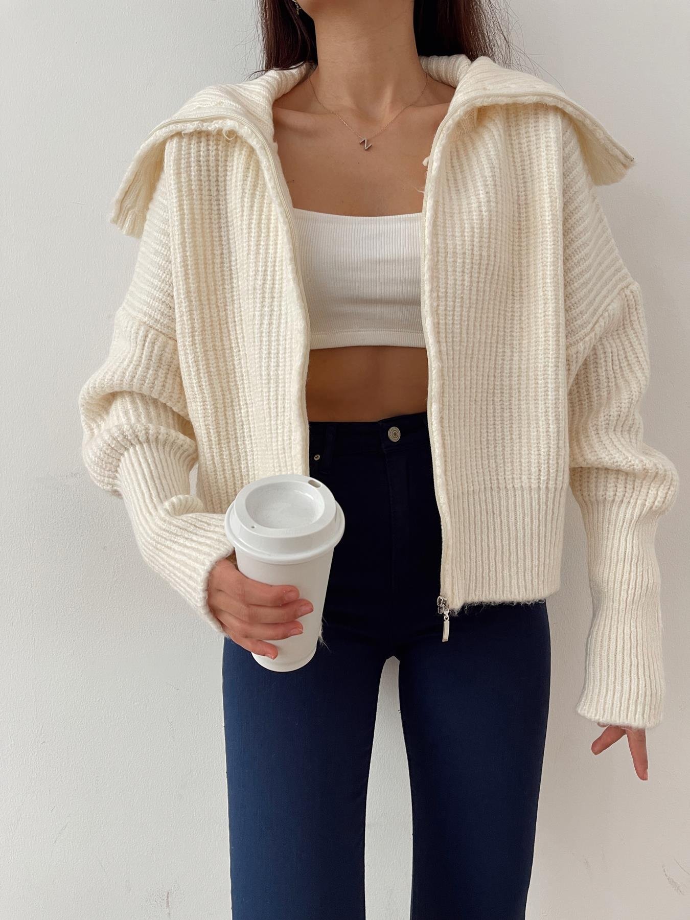 Şal Yaka Fermuarlı Hırka KREM