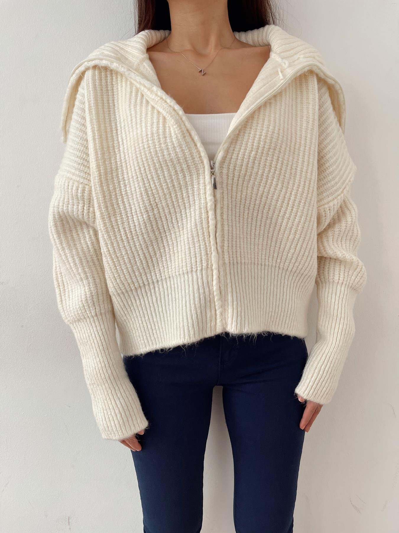 Şal Yaka Fermuarlı Hırka KREM