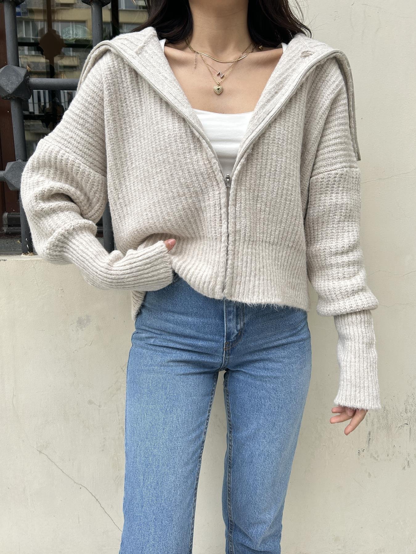 Şal Yaka Fermuarlı Hırka TAŞ