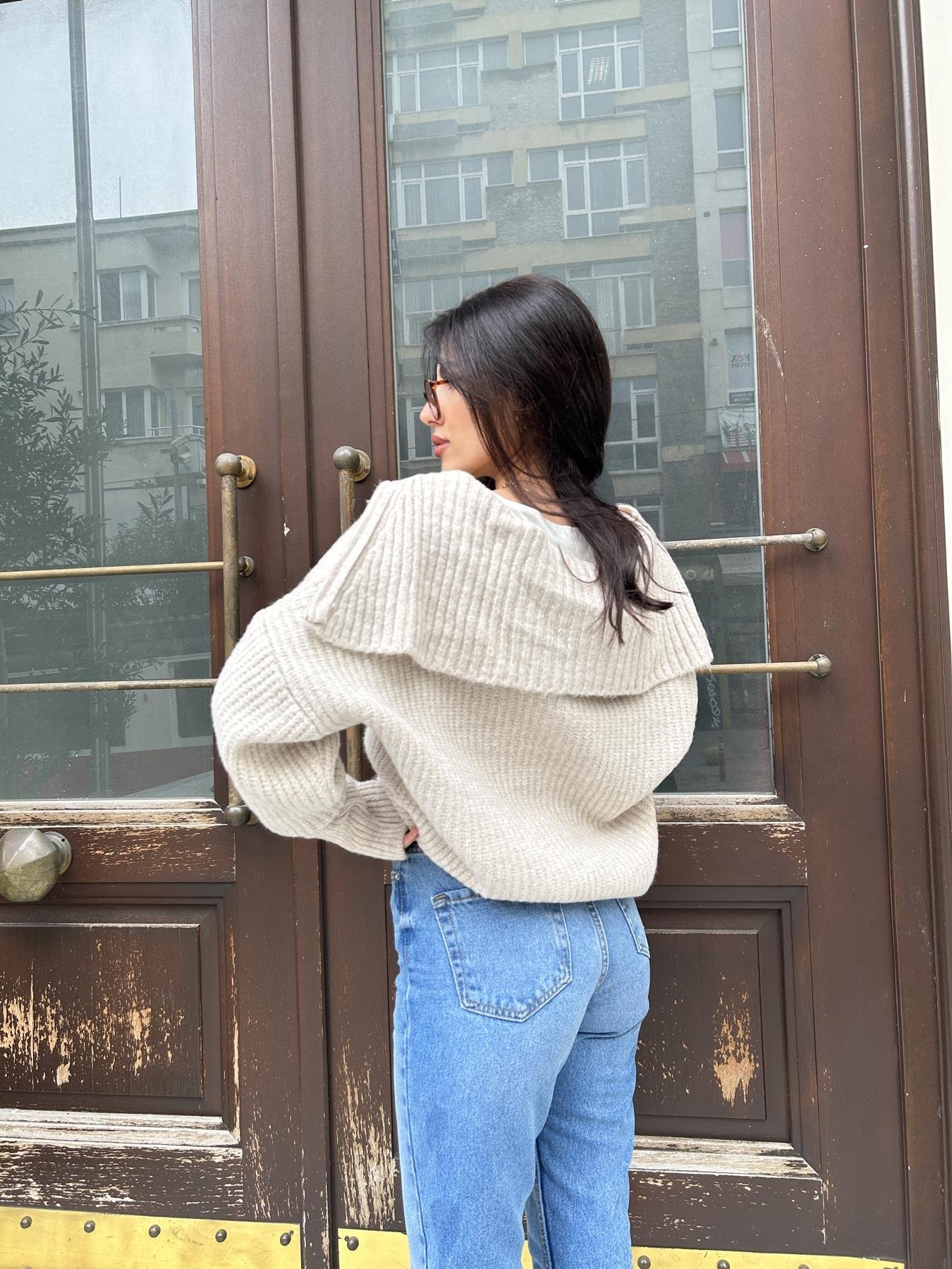 Şal Yaka Fermuarlı Hırka TAŞ