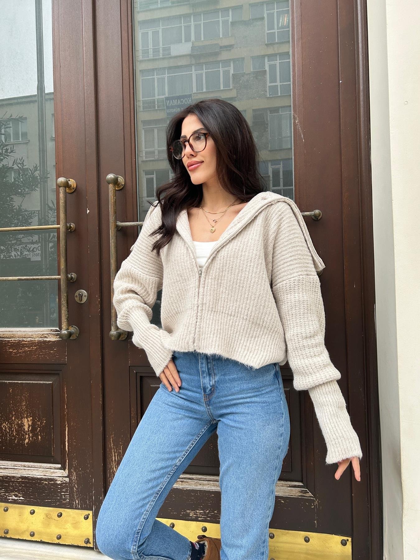 Şal Yaka Fermuarlı Hırka TAŞ