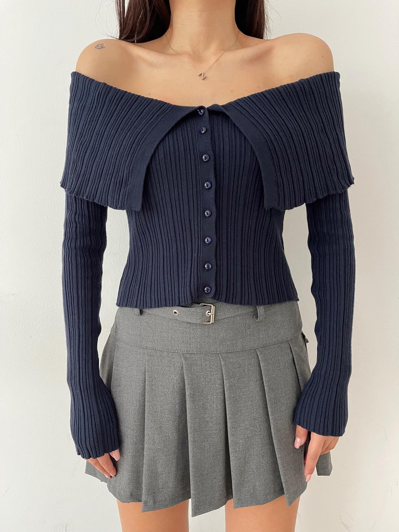 Şal Yaka Fitilli Bluz LACİVERT