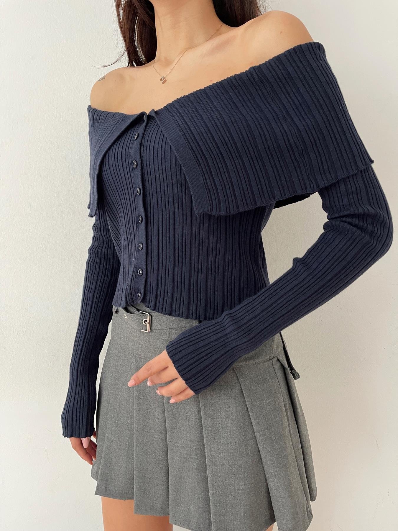 Şal Yaka Fitilli Bluz LACİVERT