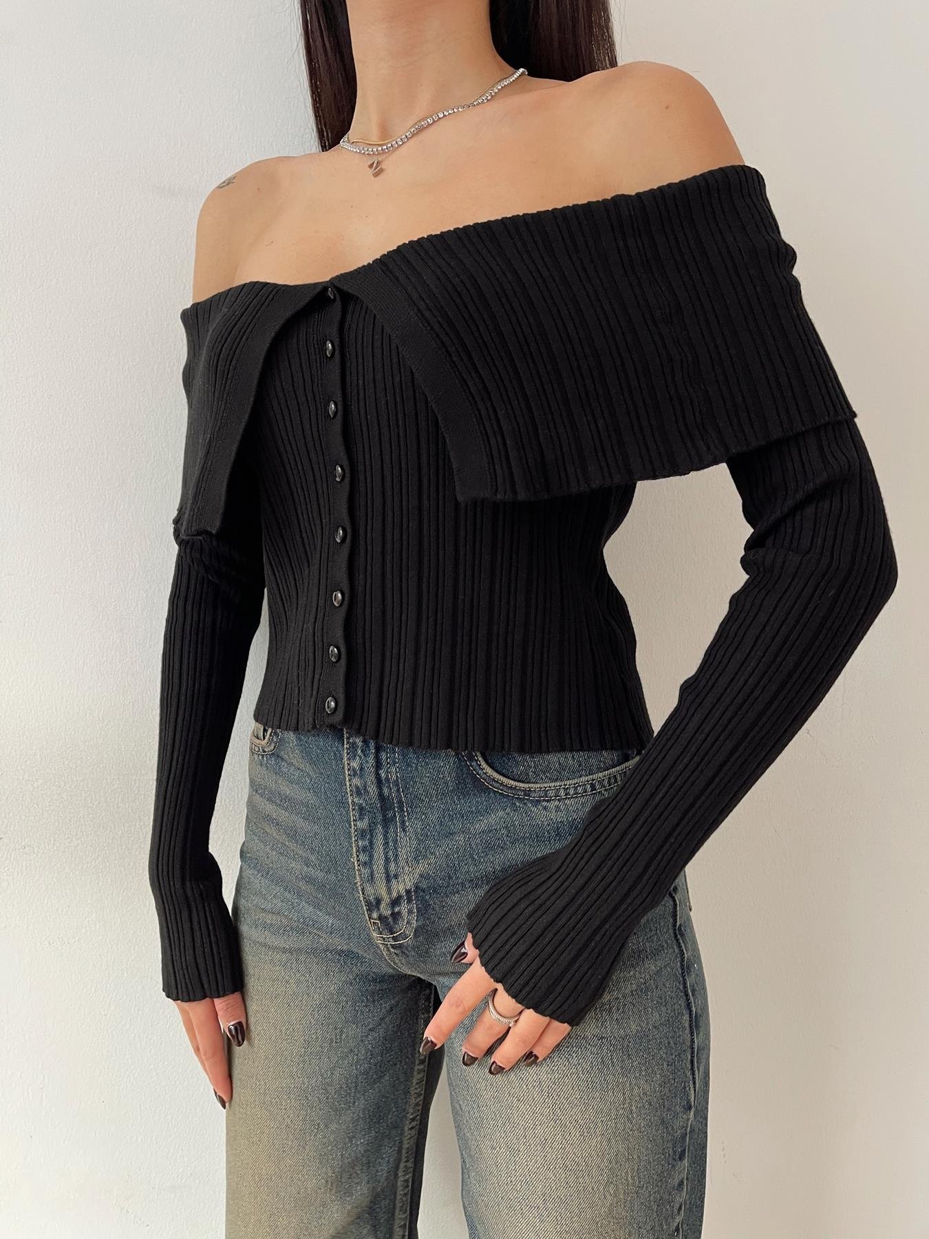 Şal Yaka Fitilli Bluz SİYAH