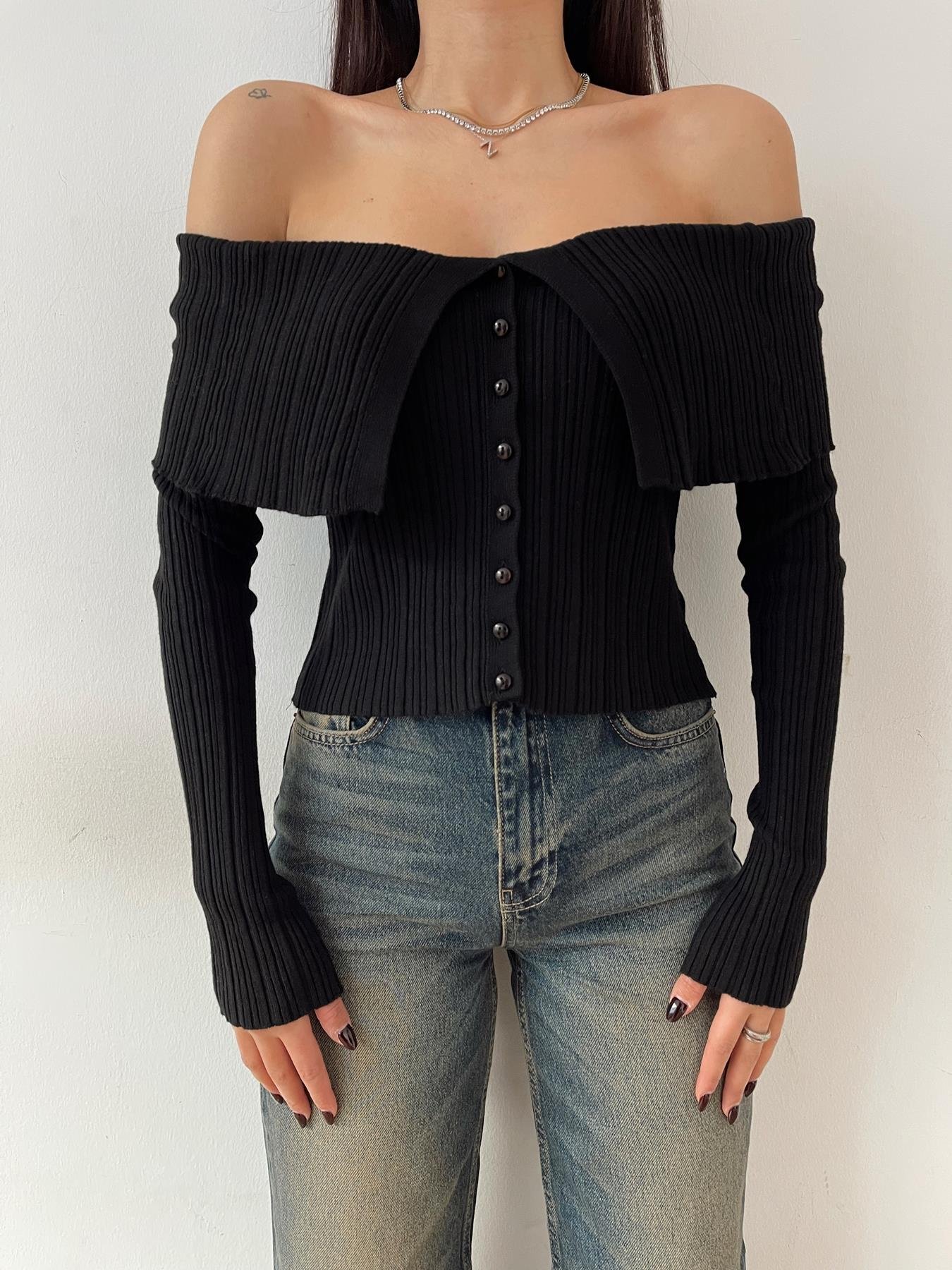 Şal Yaka Fitilli Bluz SİYAH