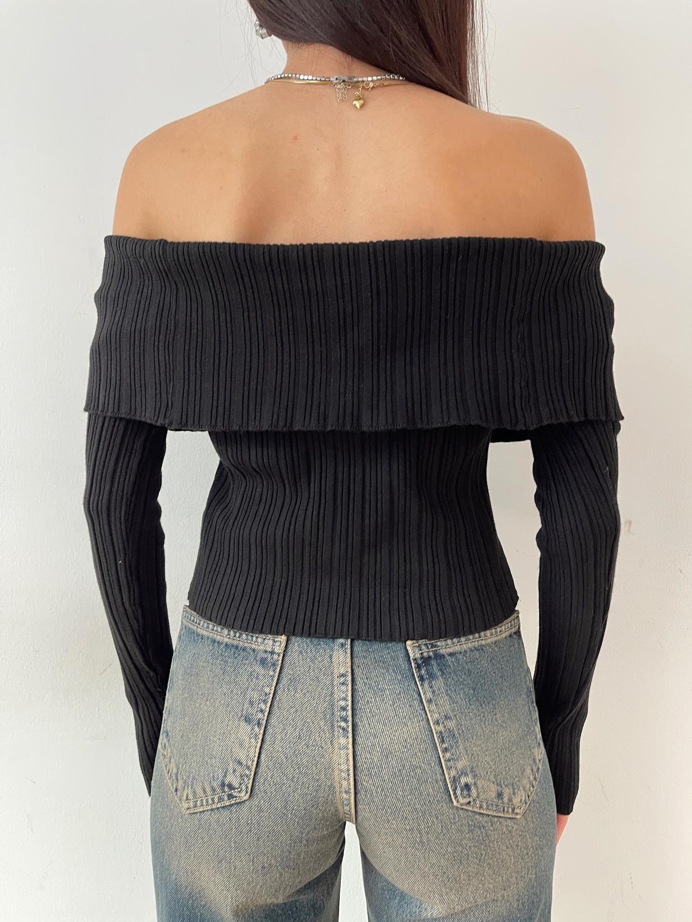 Şal Yaka Fitilli Bluz SİYAH