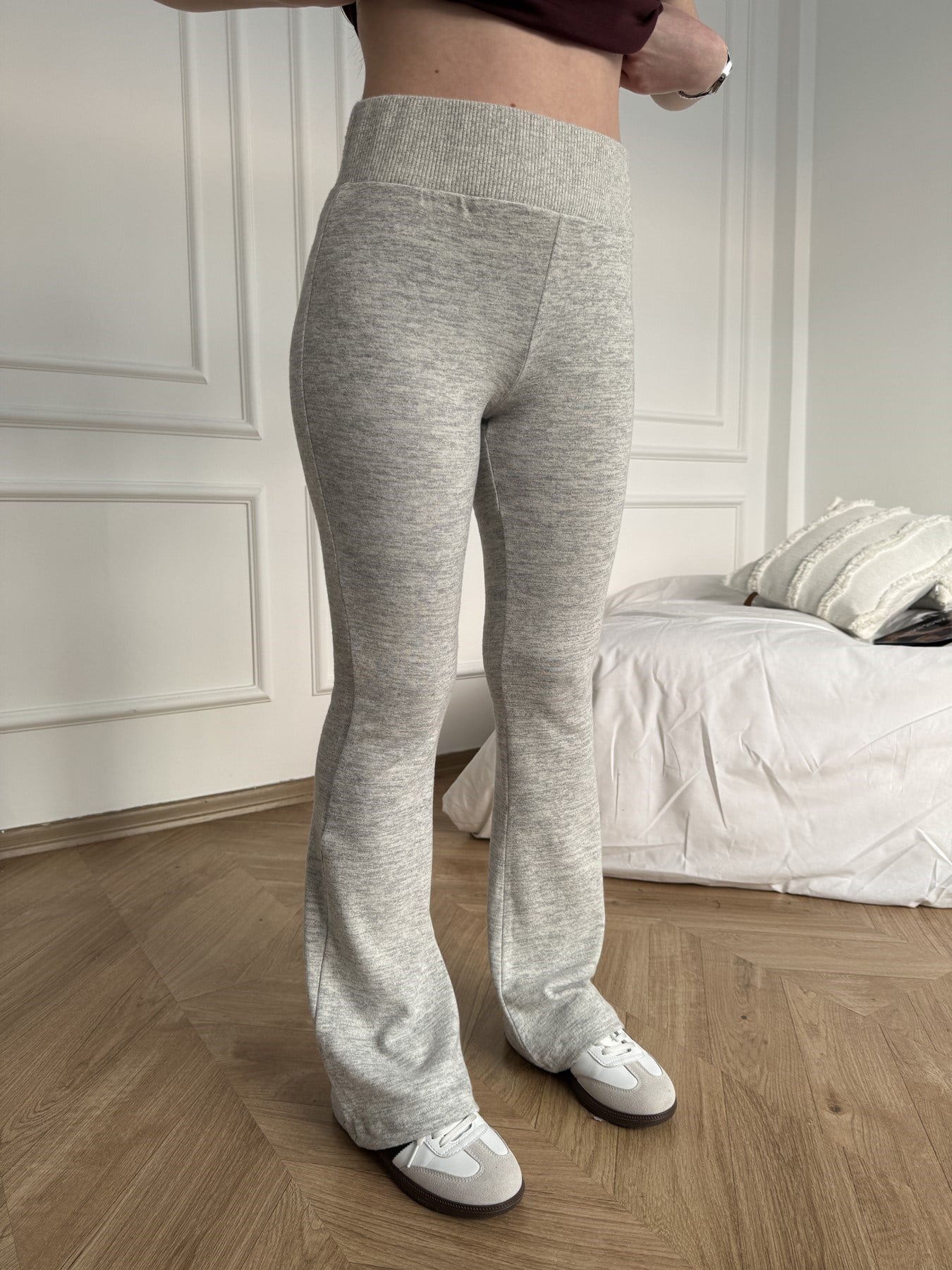 Şardonlu Bol Paça Pantolon Gri melanj