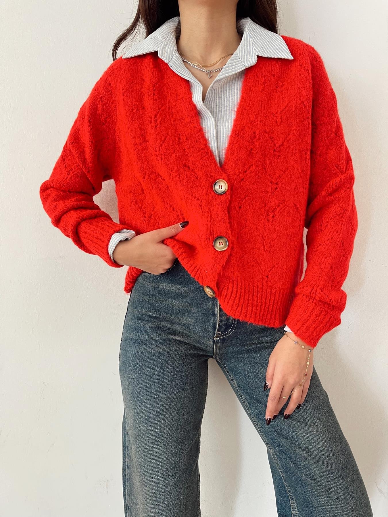 Şardonlu Hırka KIRMIZI