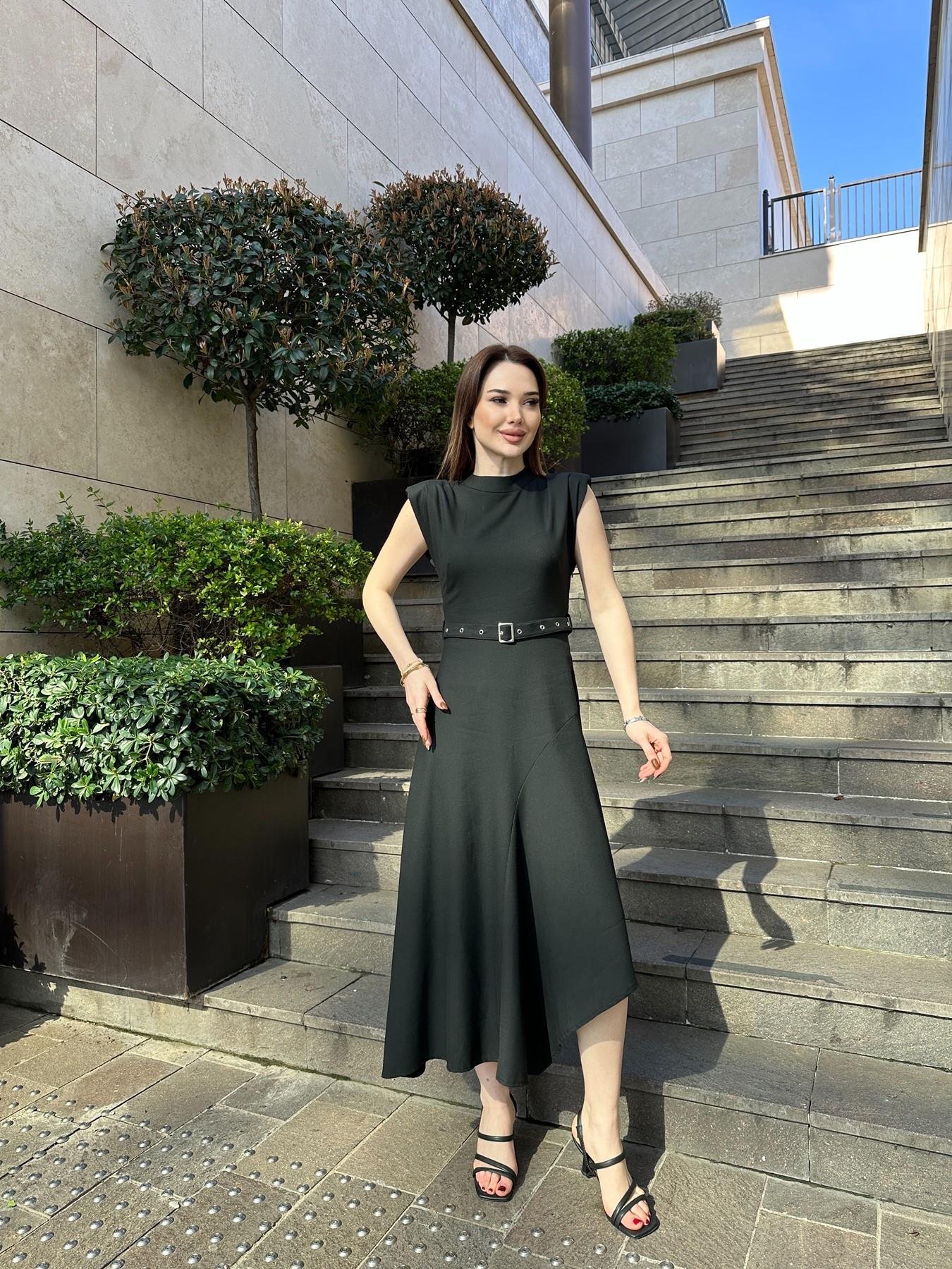 Sıfır Kol Kemerli Asimetrik Elbise SİYAH