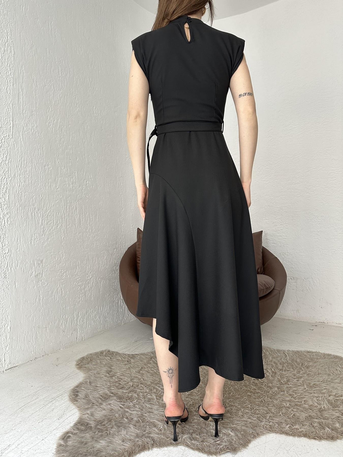 Sıfır Kol Kemerli Asimetrik Elbise SİYAH