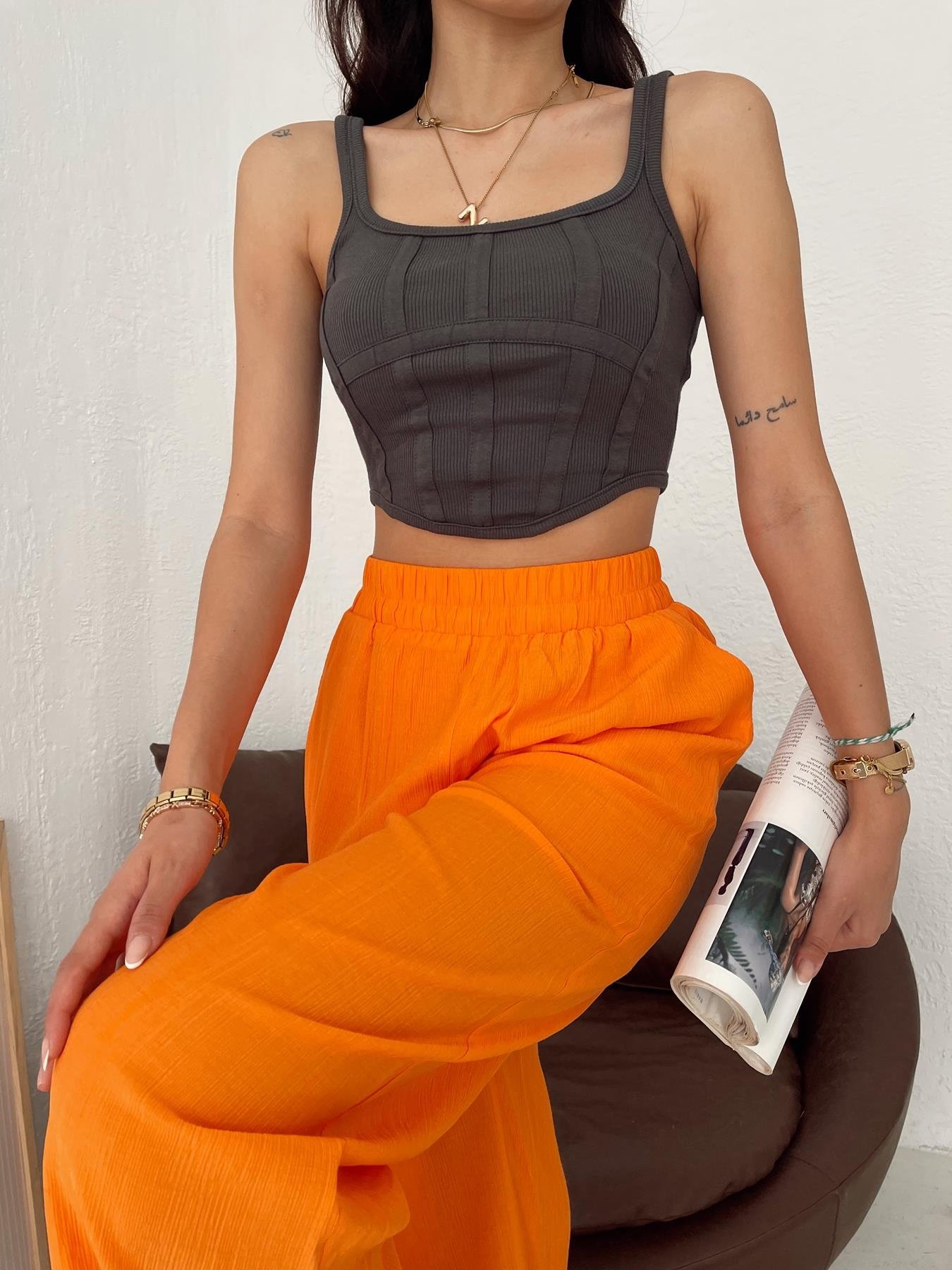 Sırtı Fermuarlı Korse Crop ANTRASİT