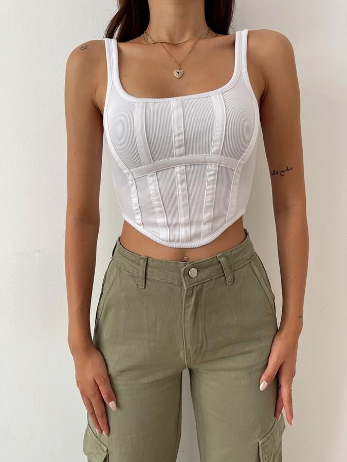 Sırtı Fermuarlı Korse Crop BEYAZ