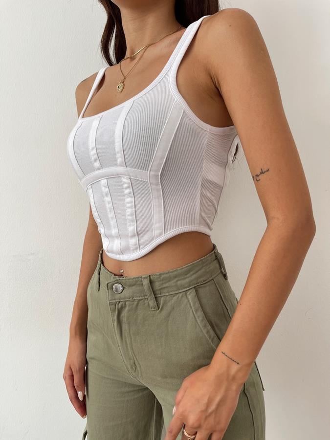 Sırtı Fermuarlı Korse Crop BEYAZ