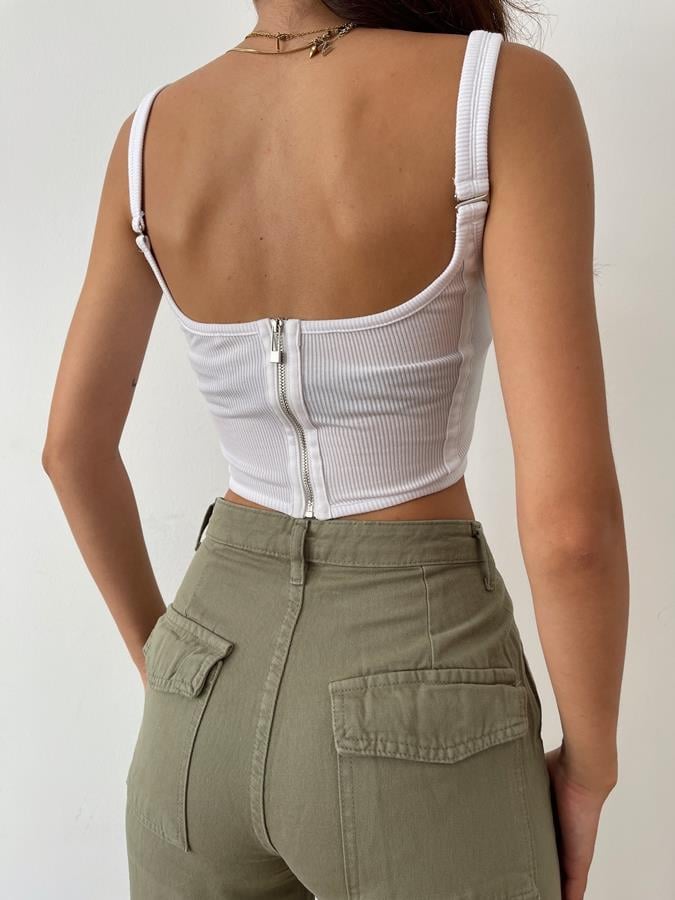 Sırtı Fermuarlı Korse Crop BEYAZ