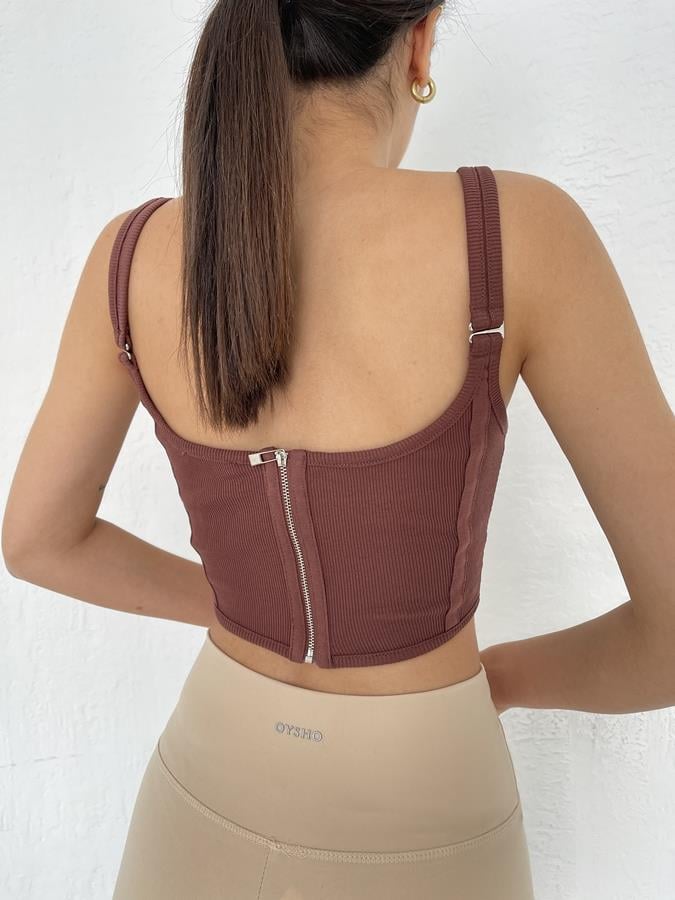 Sırtı Fermuarlı Korse Crop KAHVE