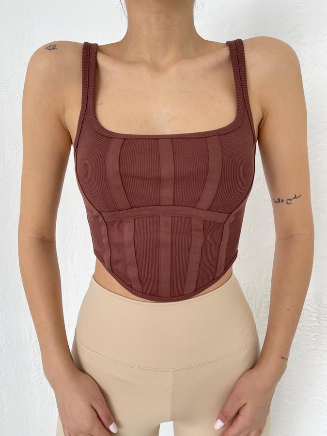 Sırtı Fermuarlı Korse Crop KAHVE