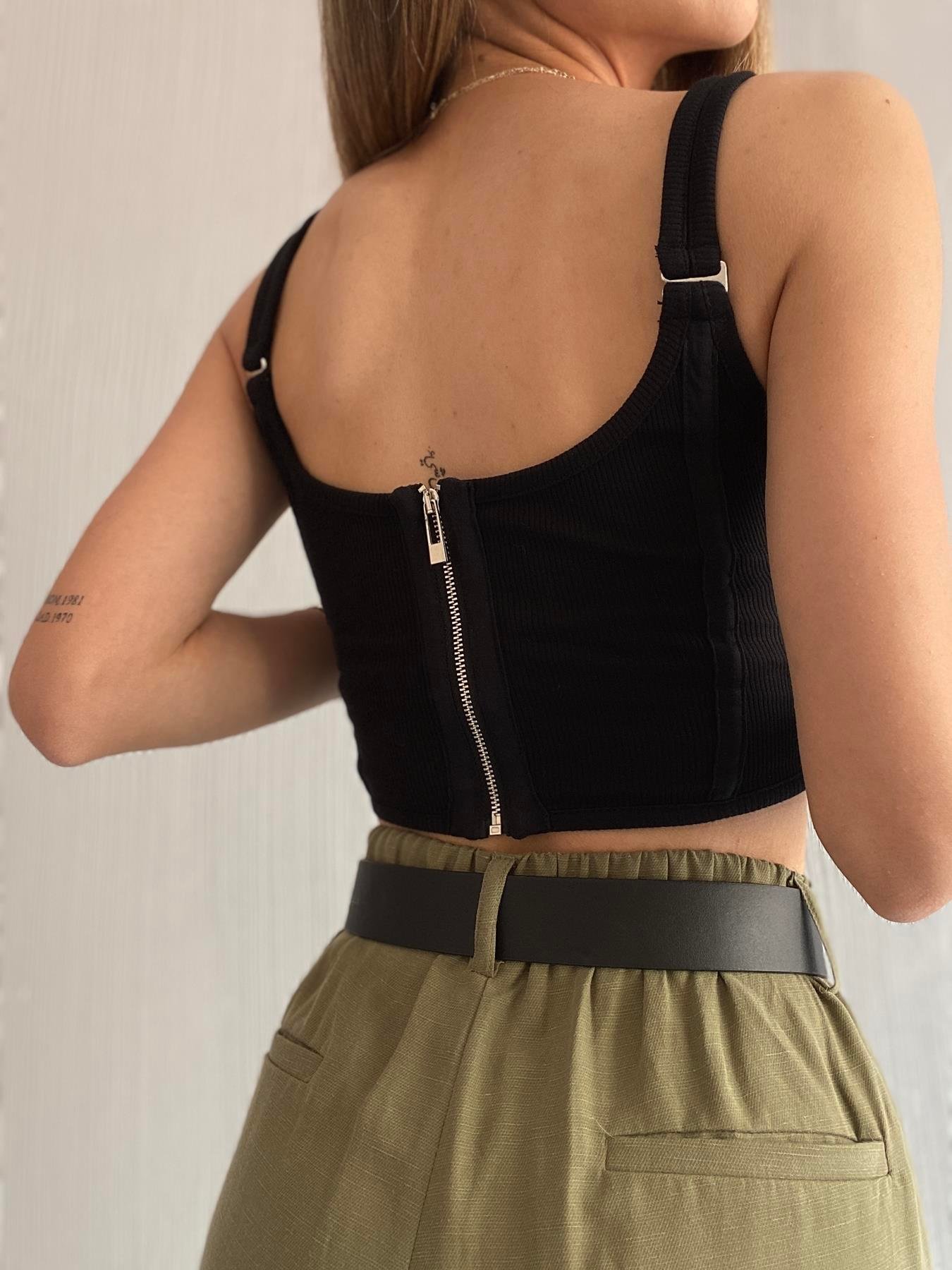 Sırtı Fermuarlı Korse Crop SİYAH