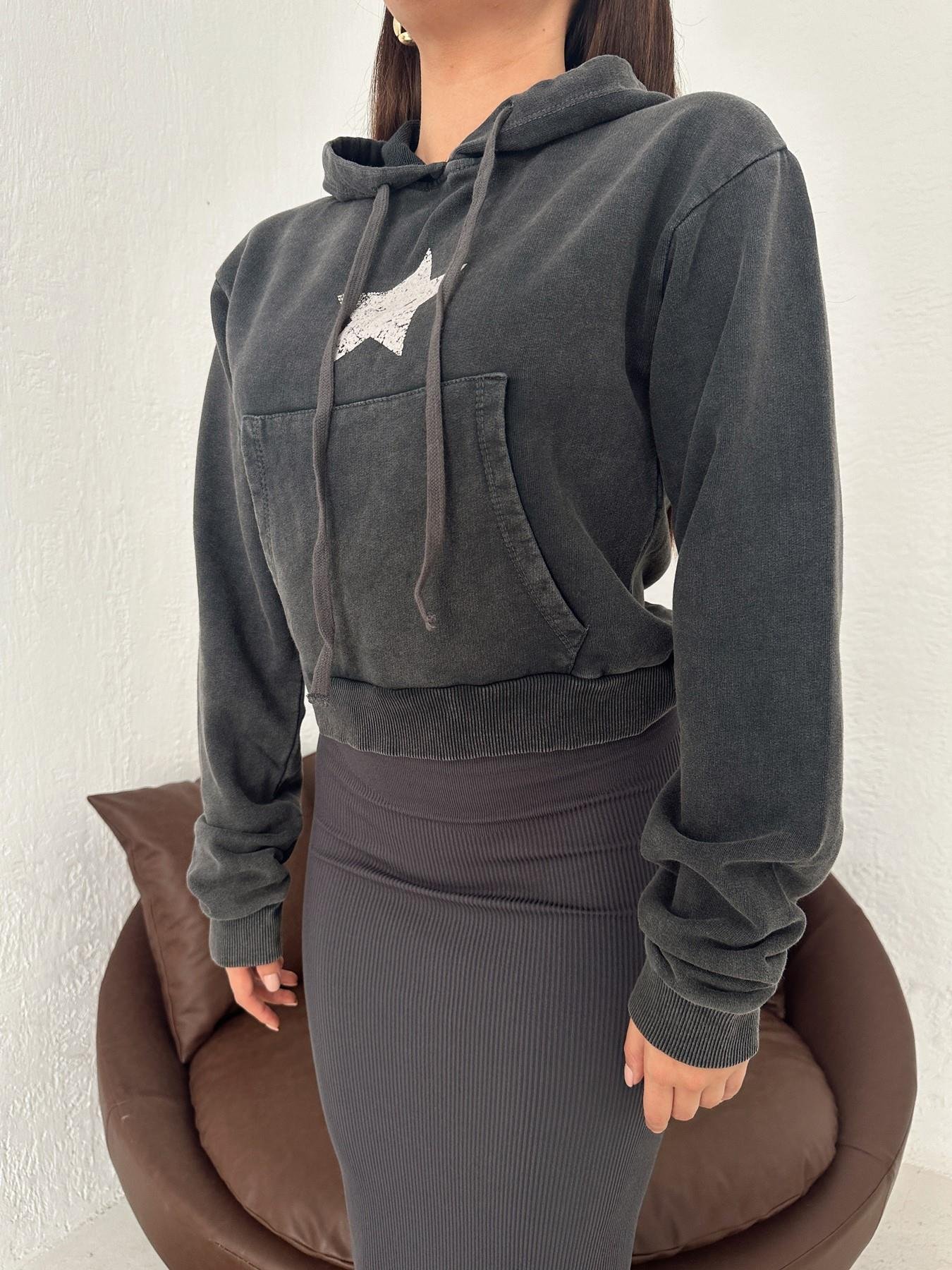 Star Baskılı Kapüşonlu Sweatshirt ANTRASİT