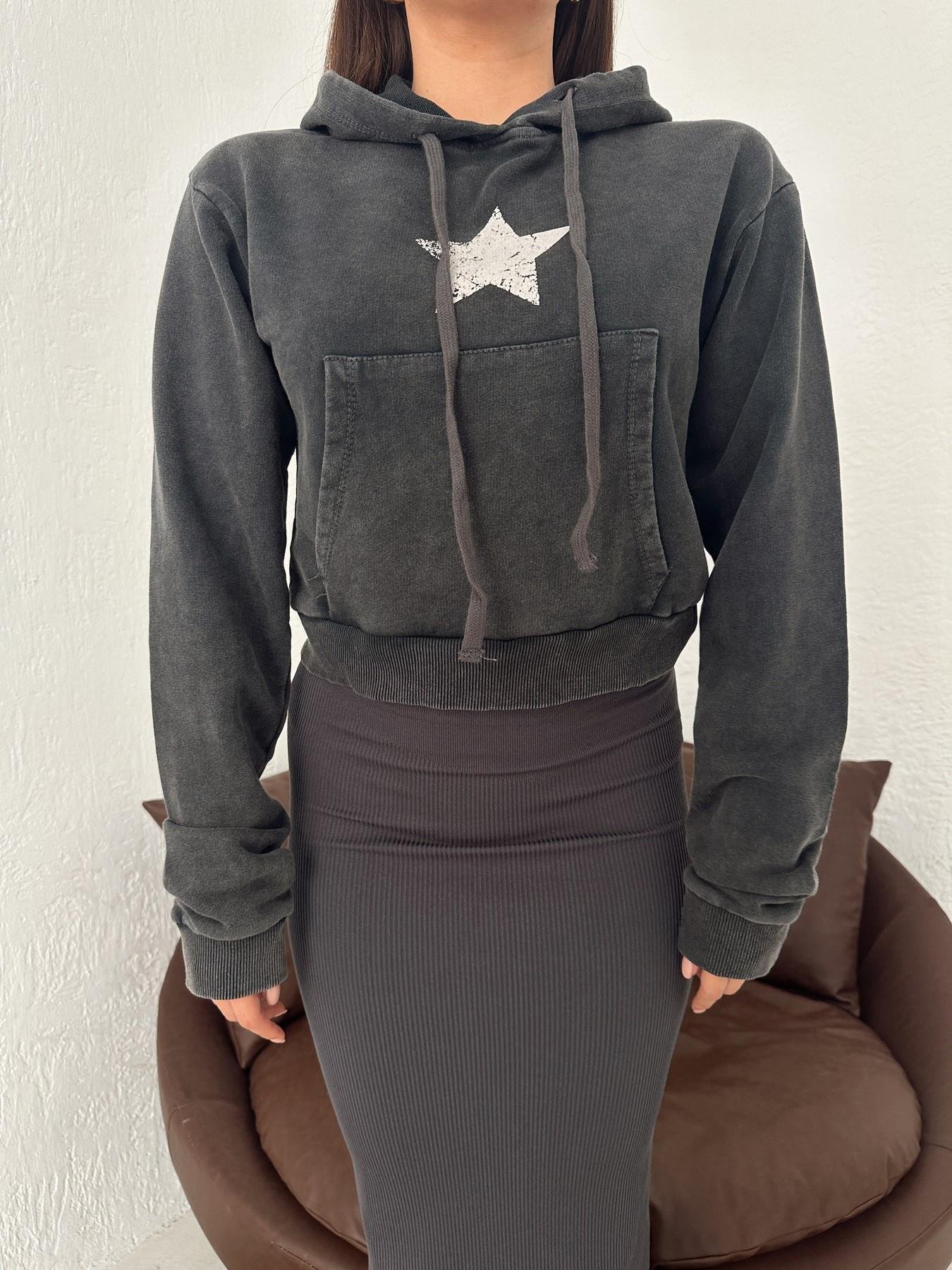Star Baskılı Kapüşonlu Sweatshirt ANTRASİT