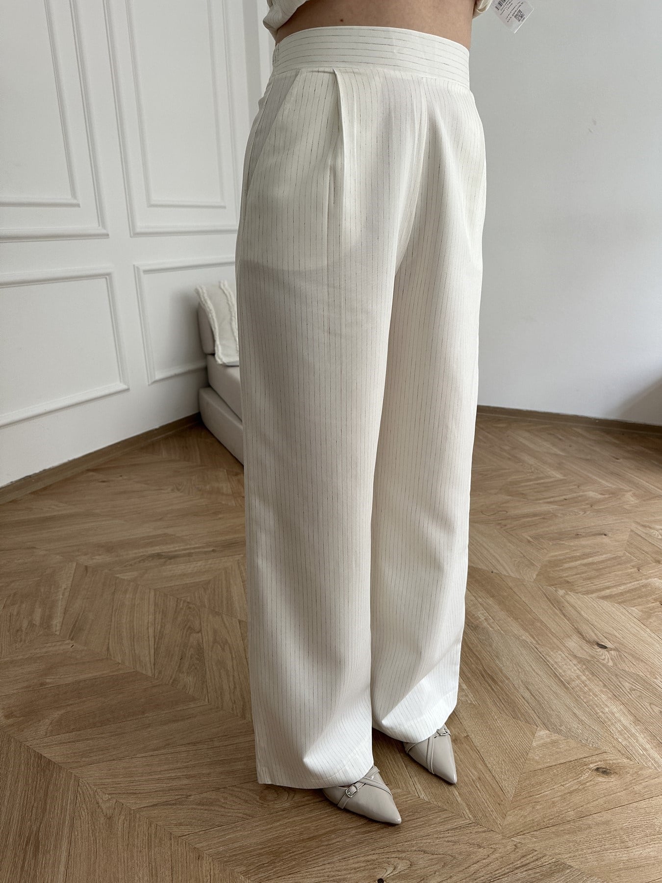 Straight Fit Çizgili Pantolon Ekru
