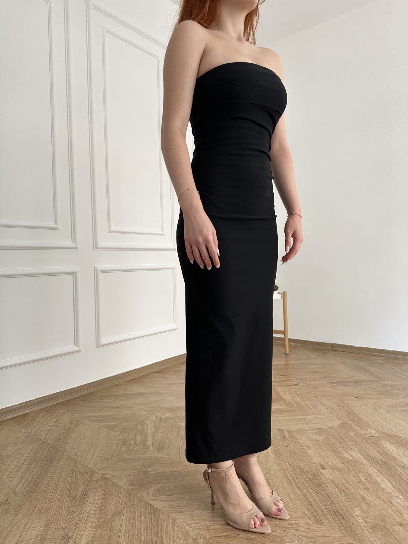 Straplez Midi Elbise Siyah