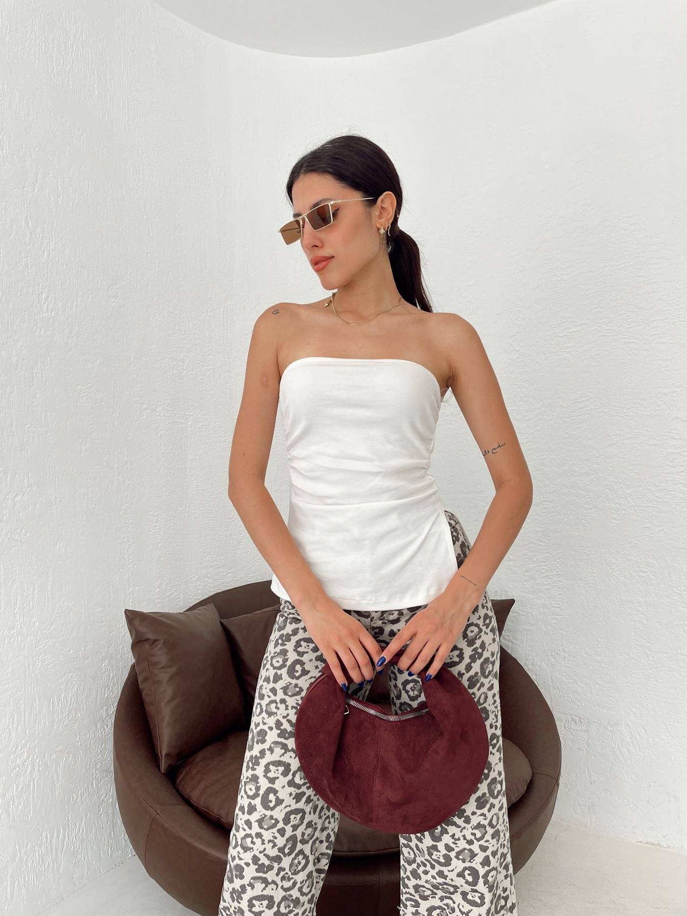 Straplez Yırtmaçlı Bluz EKRU