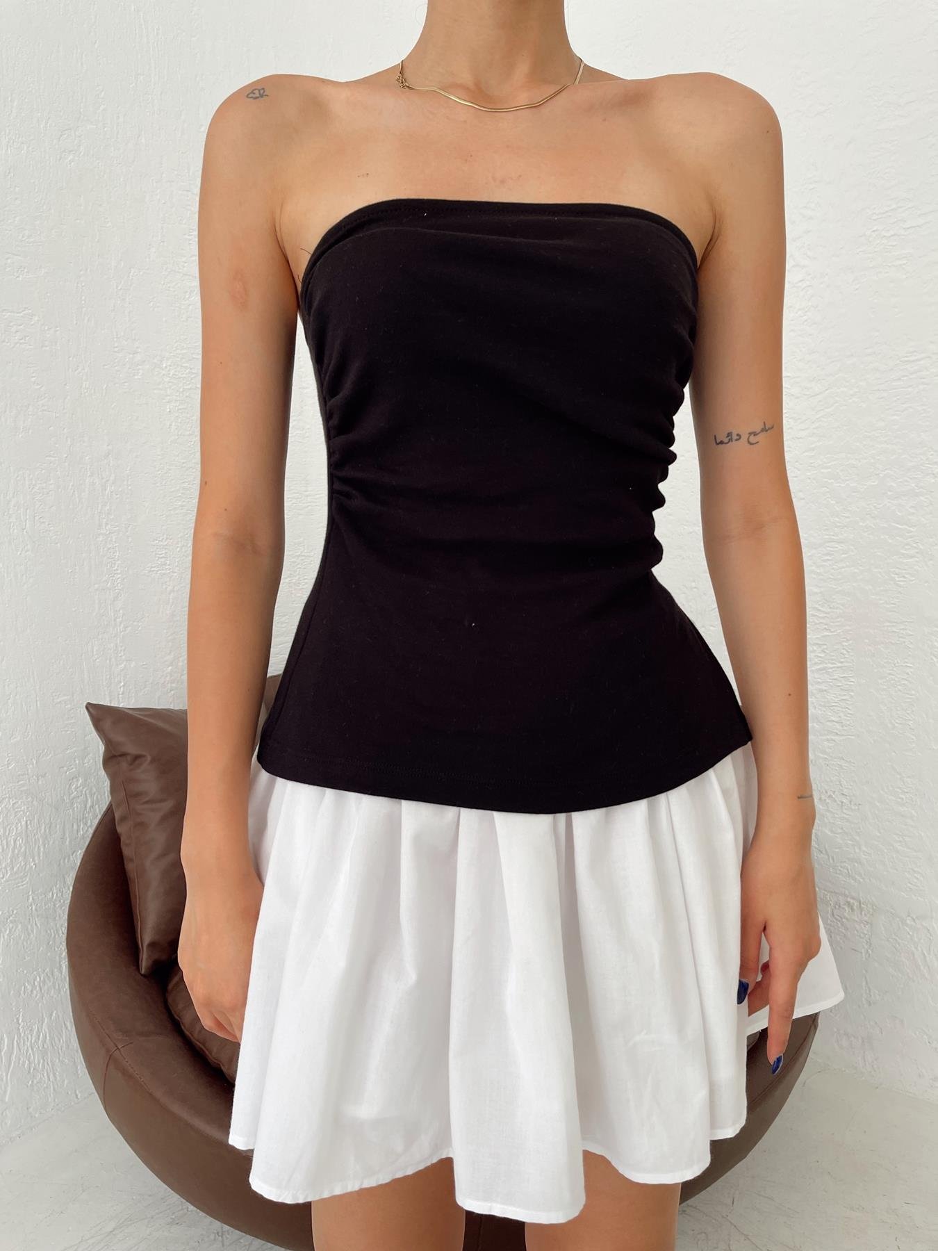 Straplez Yırtmaçlı Bluz SİYAH