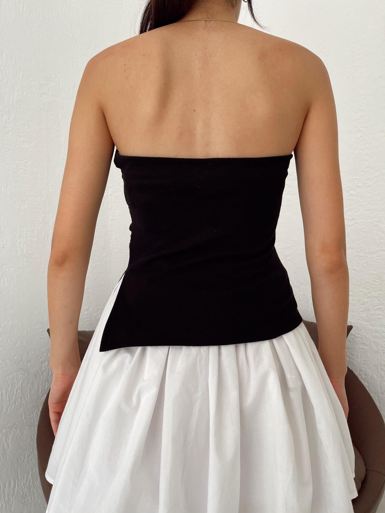 Straplez Yırtmaçlı Bluz SİYAH