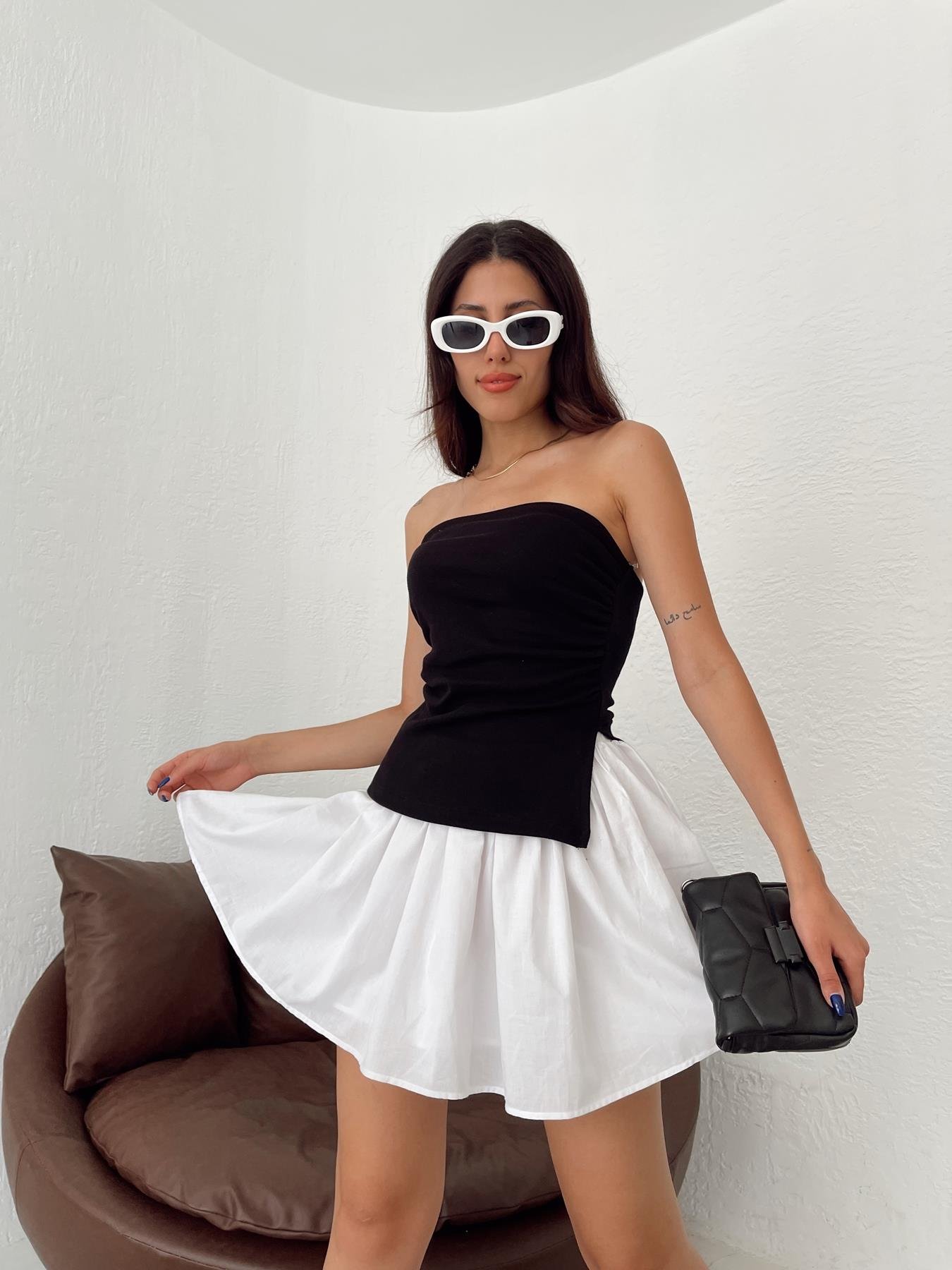 Straplez Yırtmaçlı Bluz SİYAH