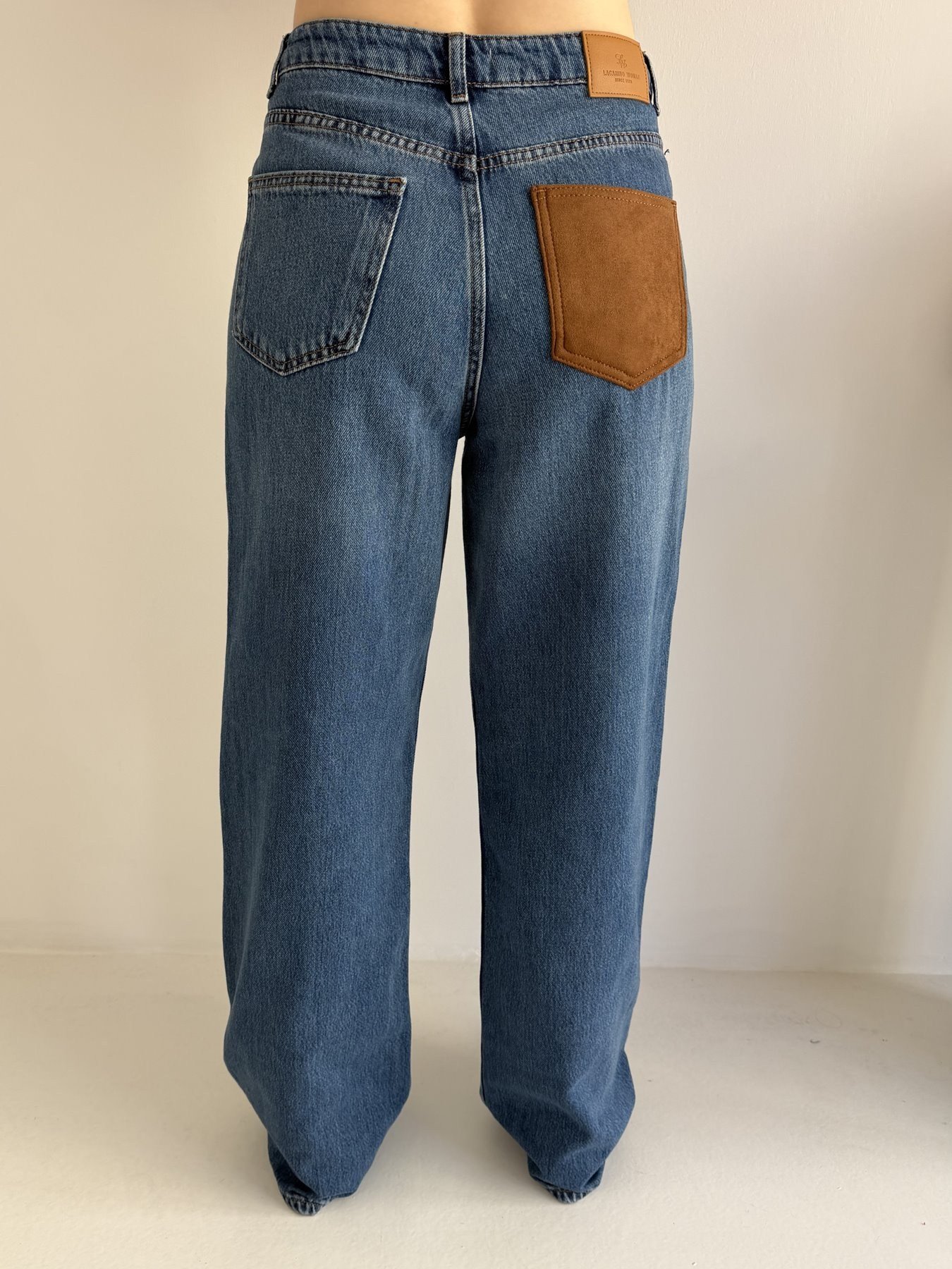 Süet Cepli WideLeg Jean Pantolon Koyu mavi