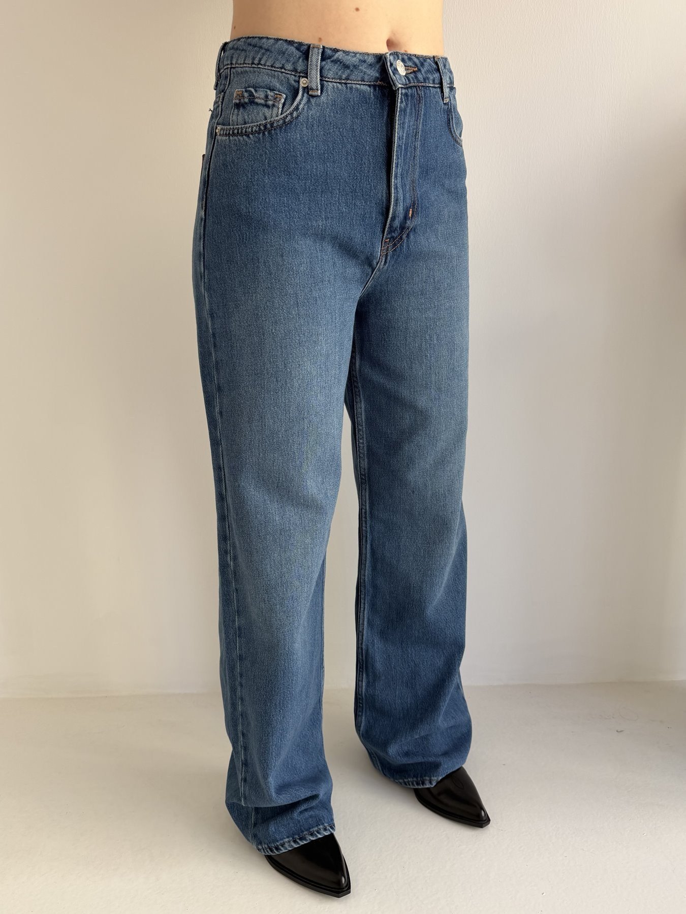 Süet Cepli WideLeg Jean Pantolon Koyu mavi