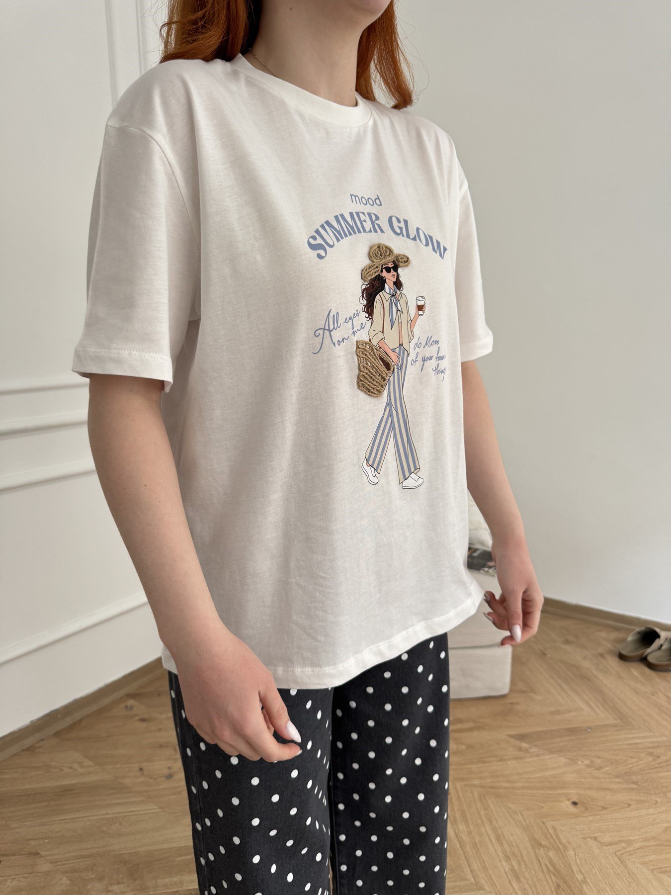 Summer Glow Baskılı Hasır Detay T-shirt Ekru