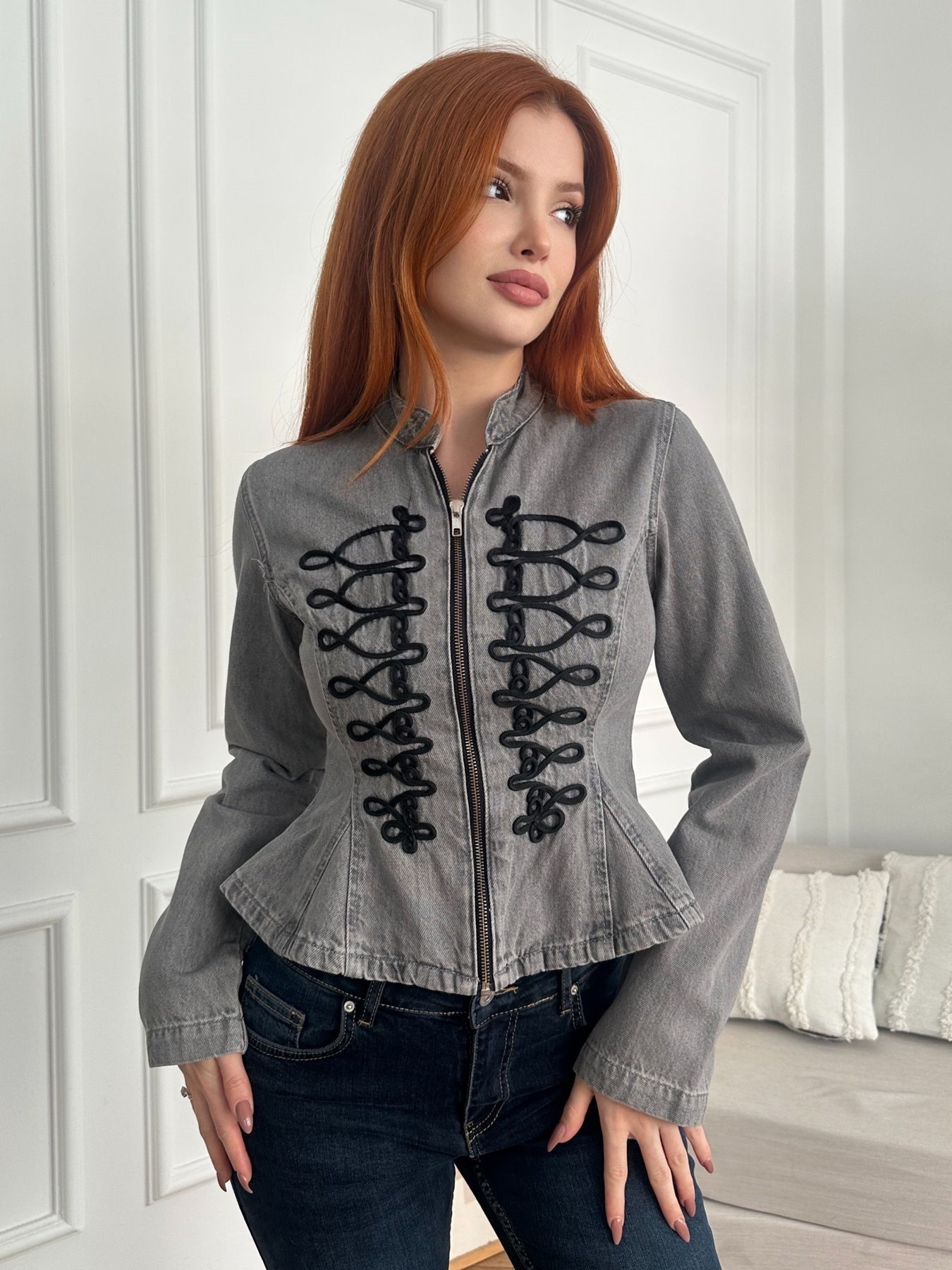 Suzine Nakışlı Jean Ceket Gri