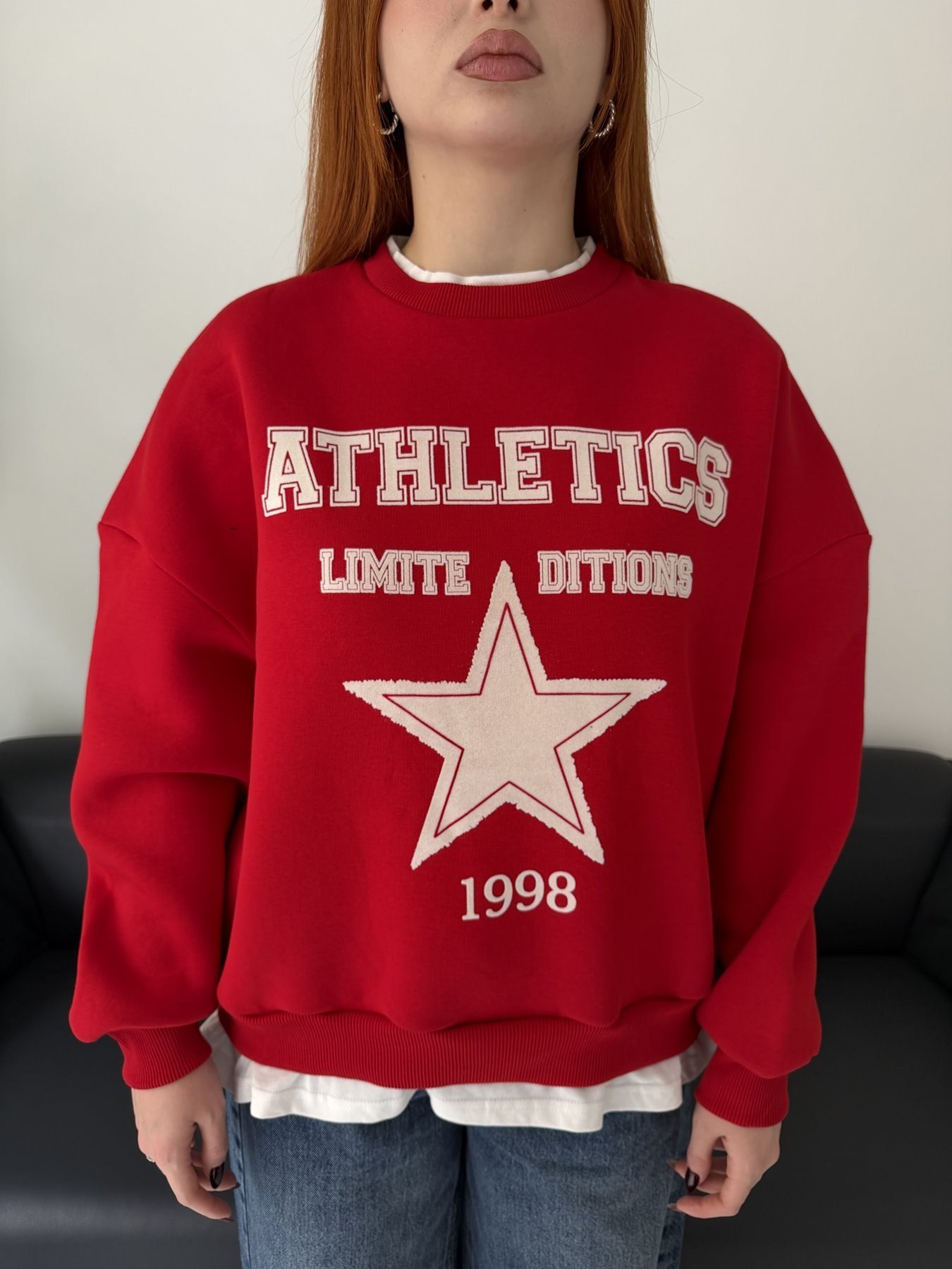 T-shirt Detaylı Flok Baskı Sweatshirt Kırmızı