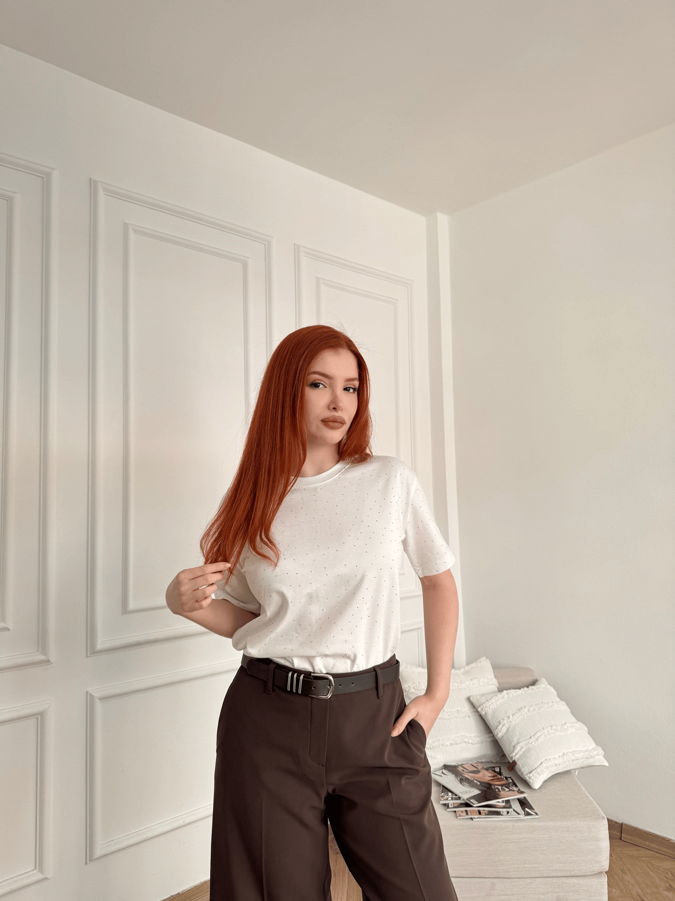 Taş Baskılı Tshirt Ekru