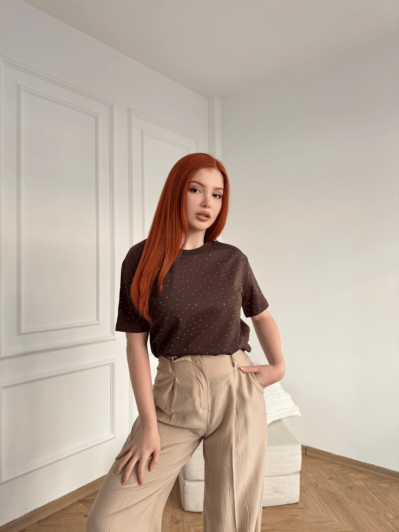Taş Baskılı Tshirt Kahve