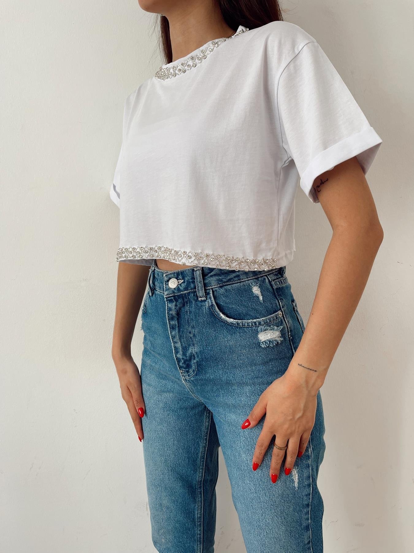 Taşlı Crop Tişört BEYAZ