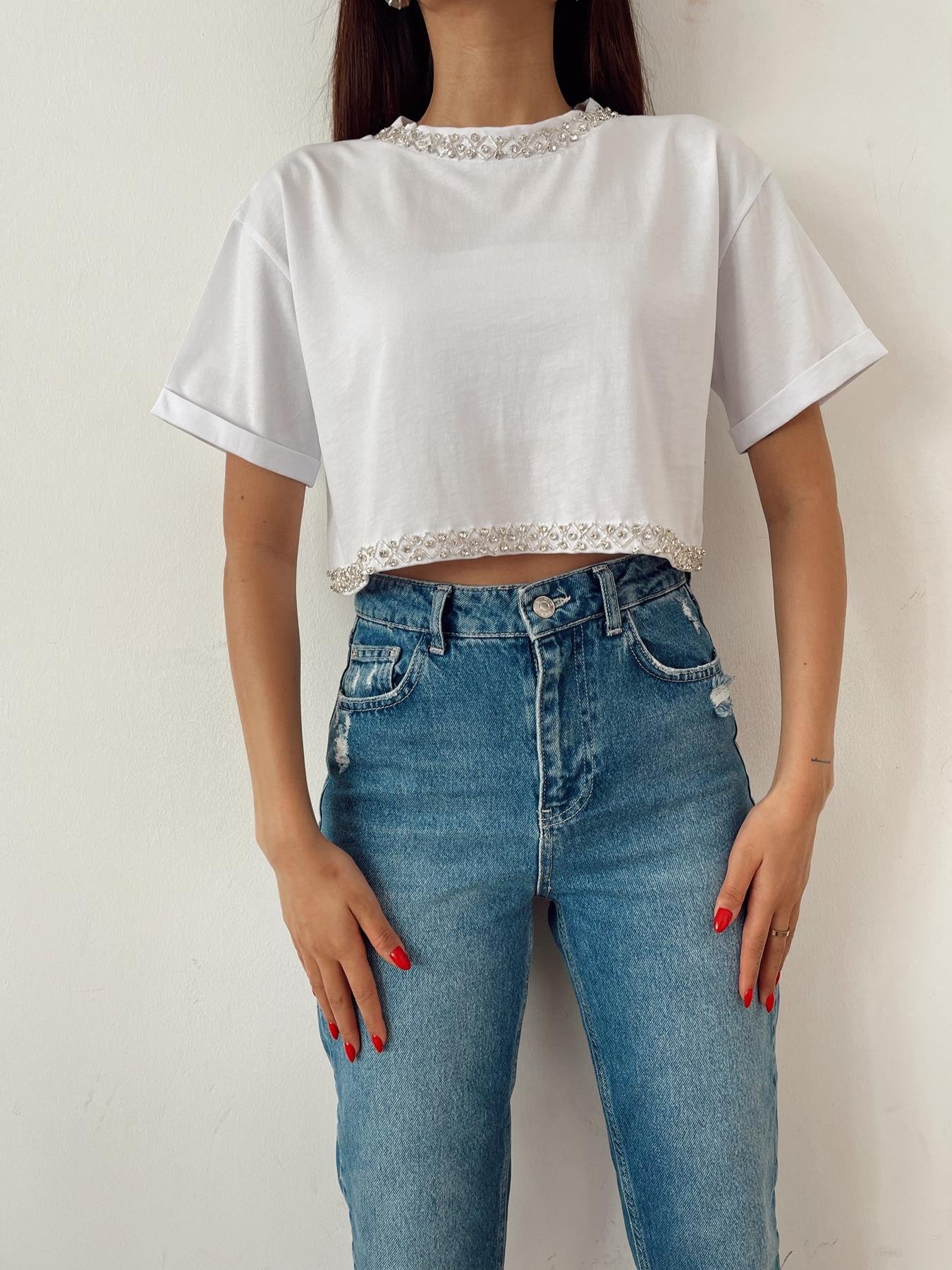 Taşlı Crop Tişört BEYAZ