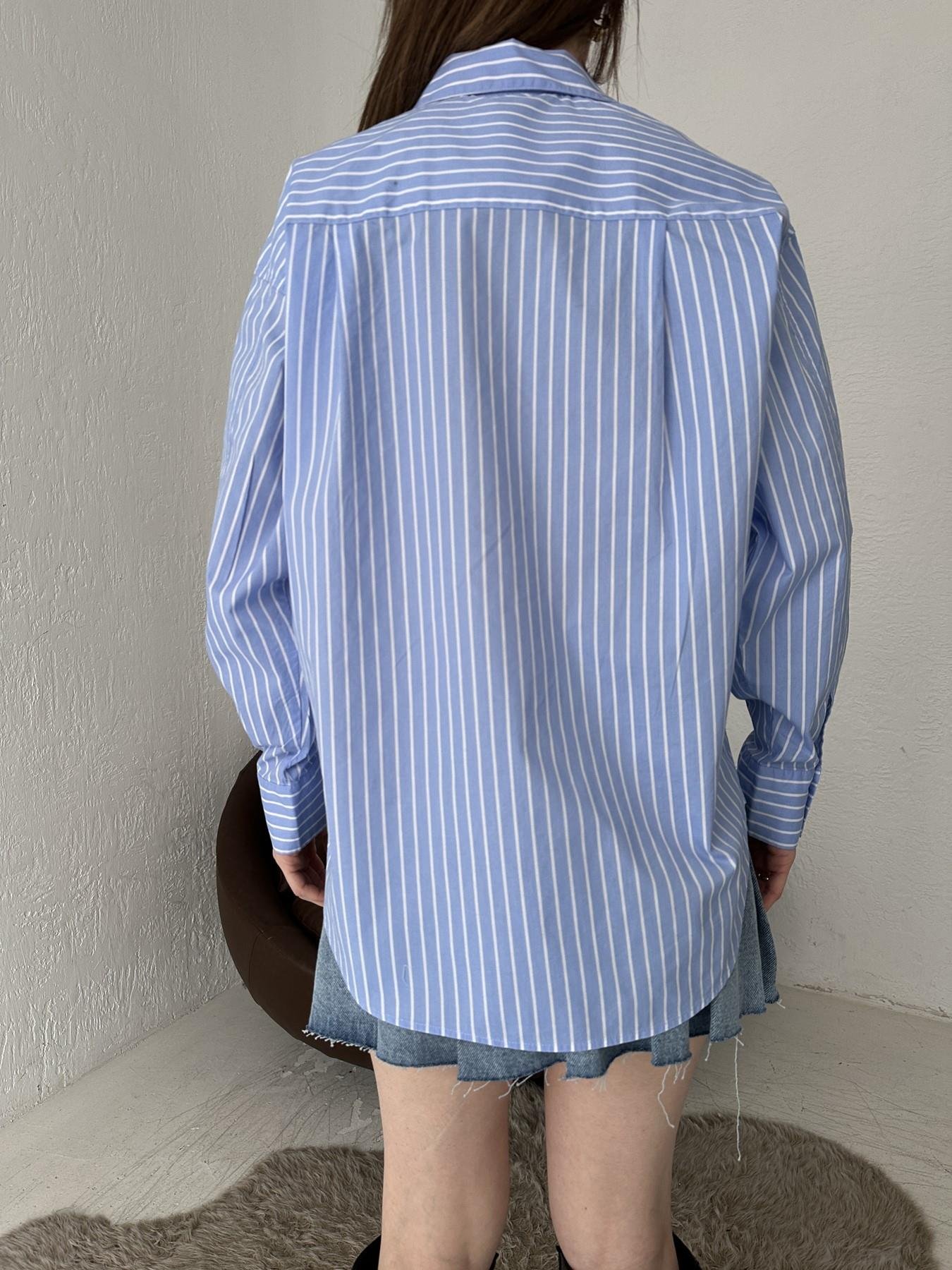 Tek Cep Cizgili Gömlek İNDİGO-EKRU