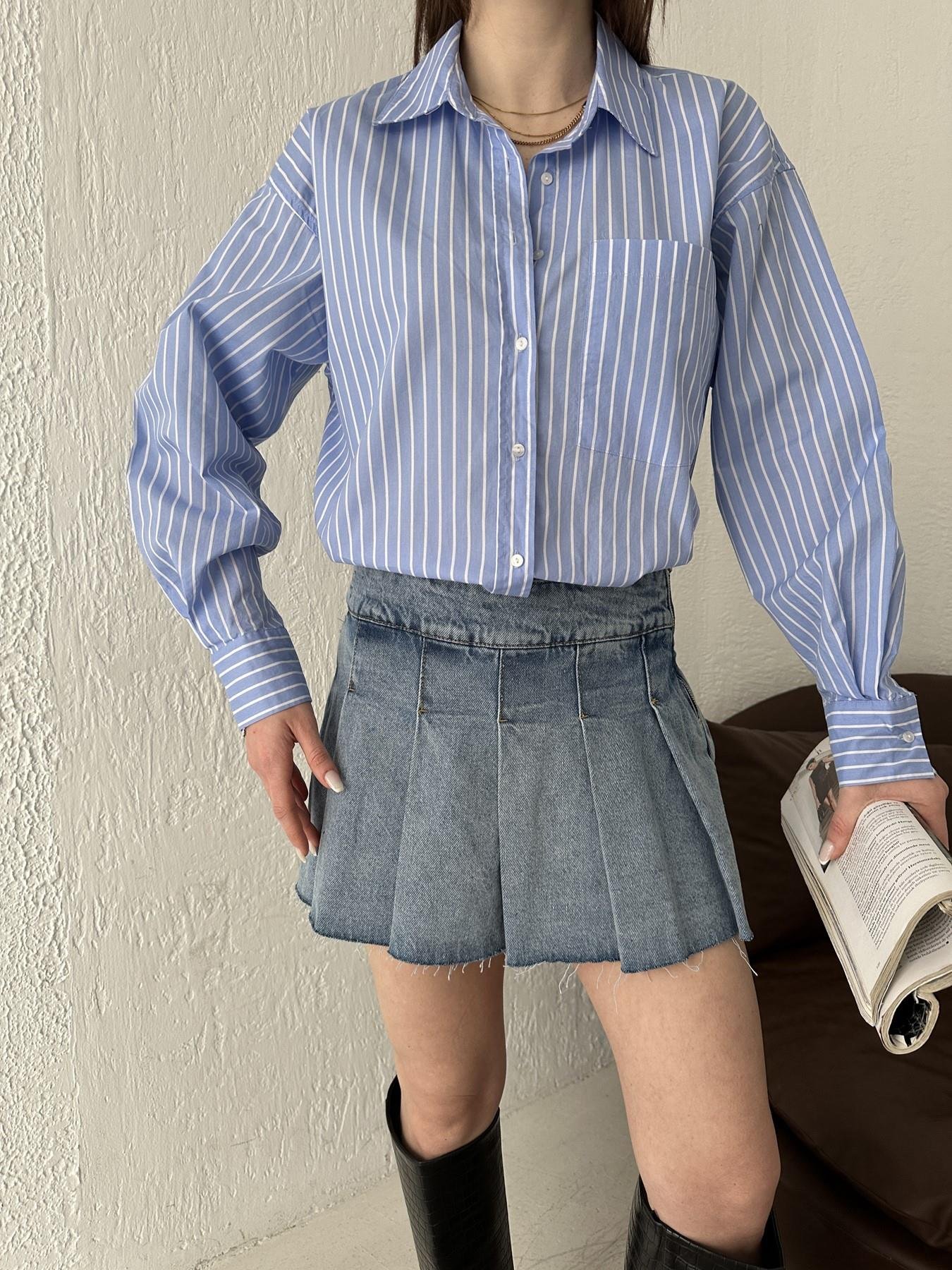 Tek Cep Cizgili Gömlek İNDİGO-EKRU