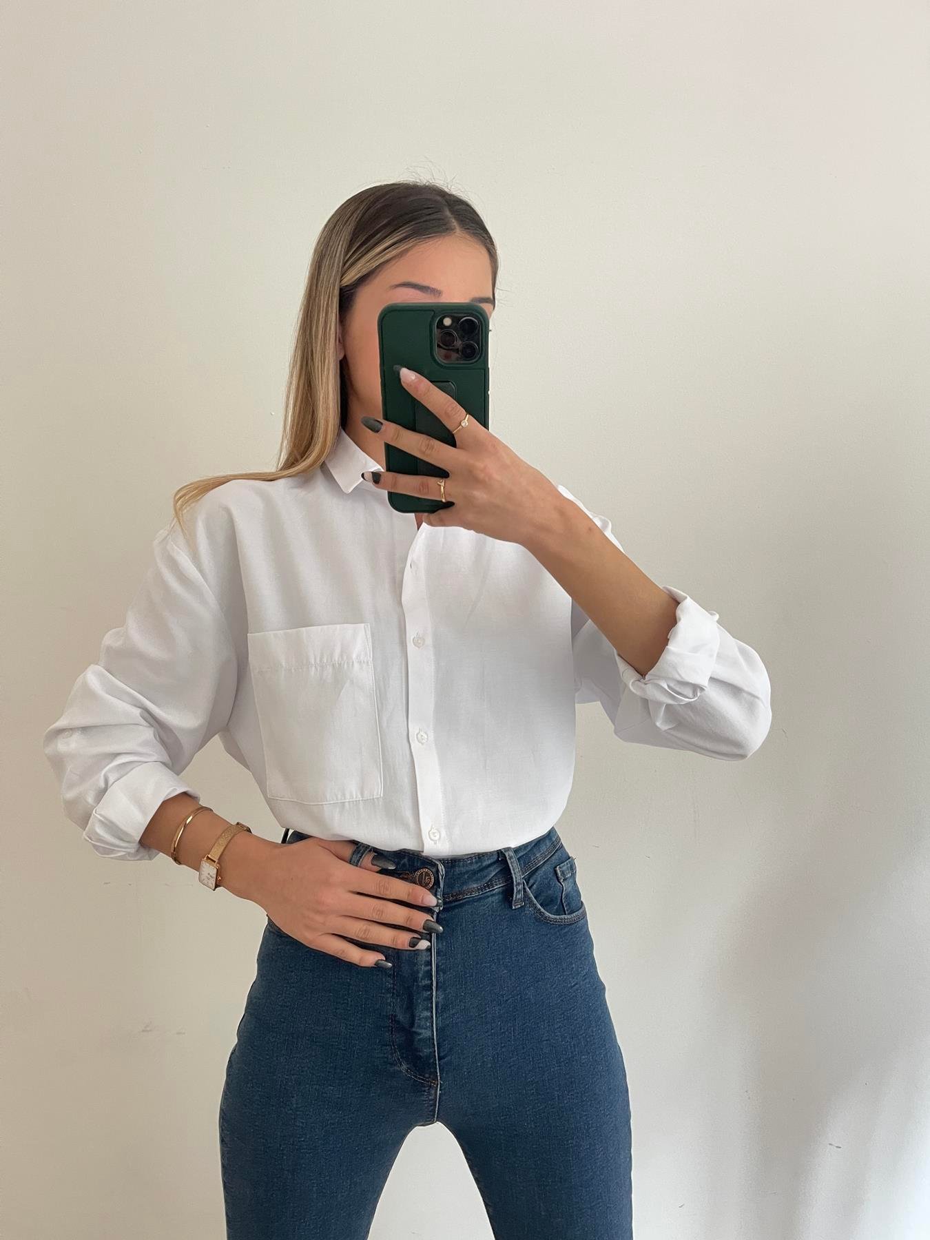 Tek Cep Eteği Oval Gömlek BEYAZ