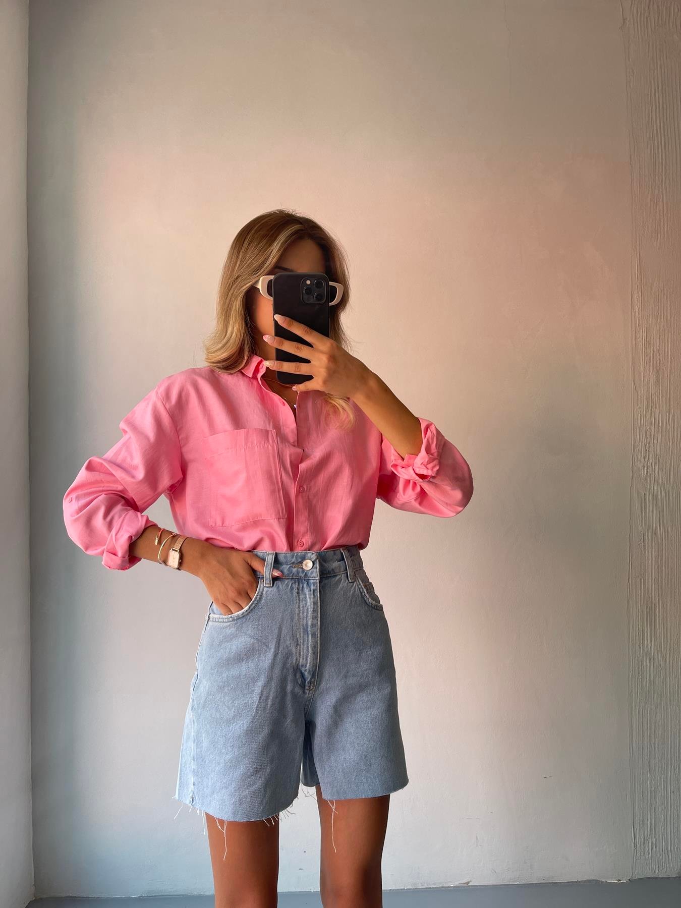 Tek Cep Eteği Oval Gömlek PEMBE