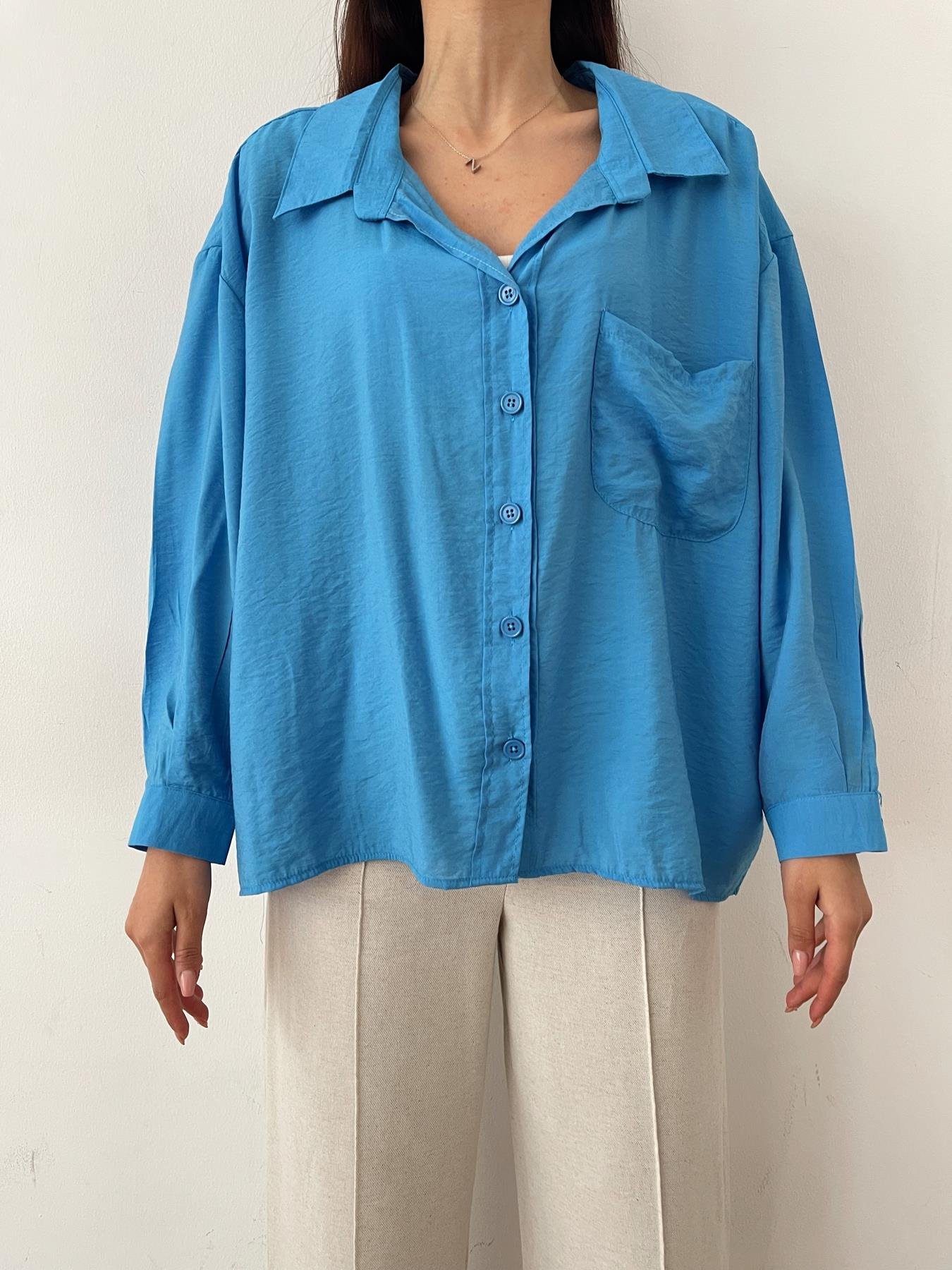 Tek Cep Oversize Gömlek MAVİ