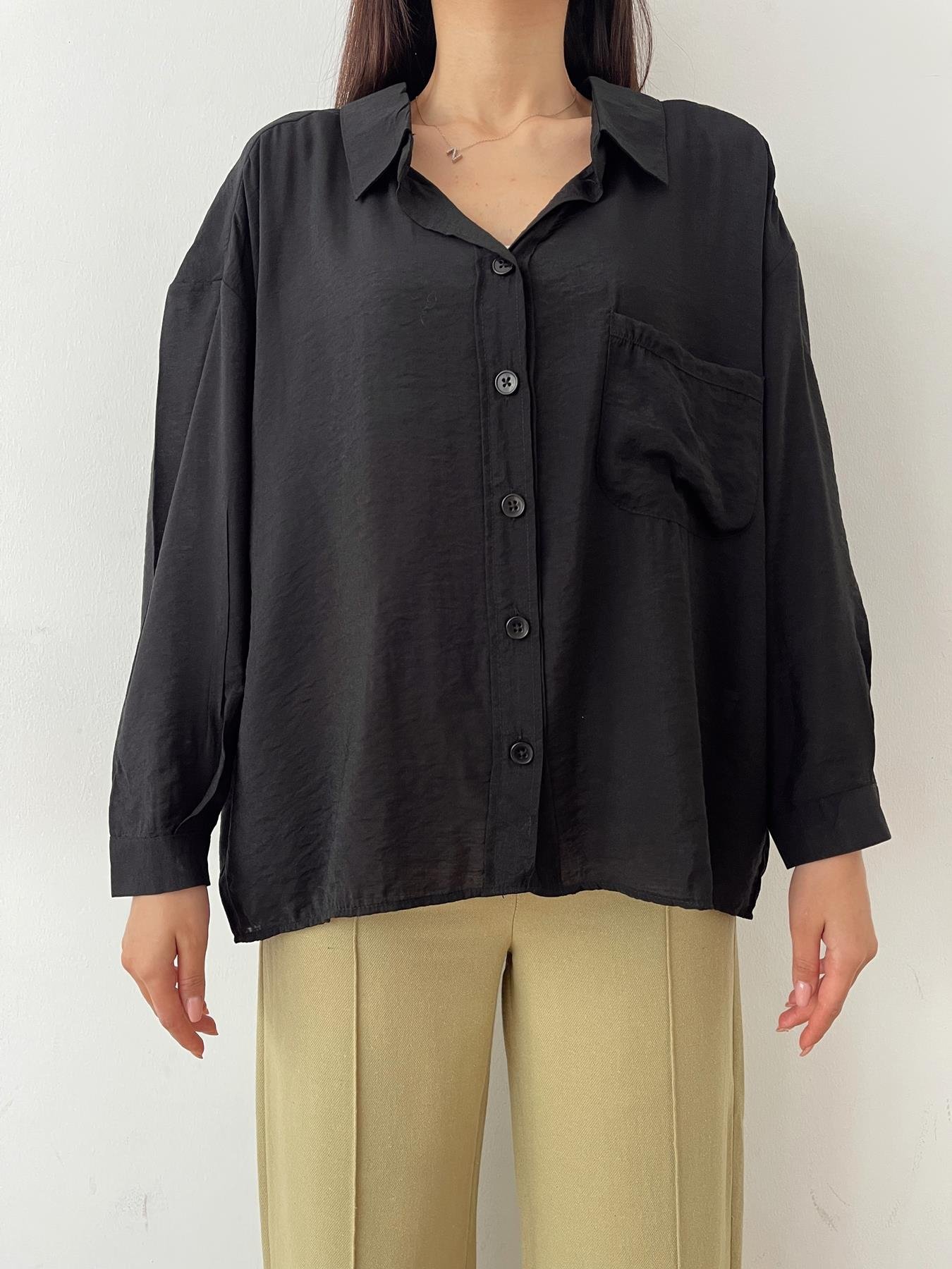 Tek Cep Oversize Gömlek SİYAH