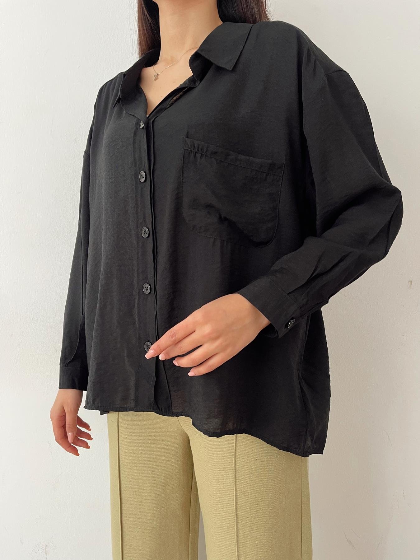 Tek Cep Oversize Gömlek SİYAH