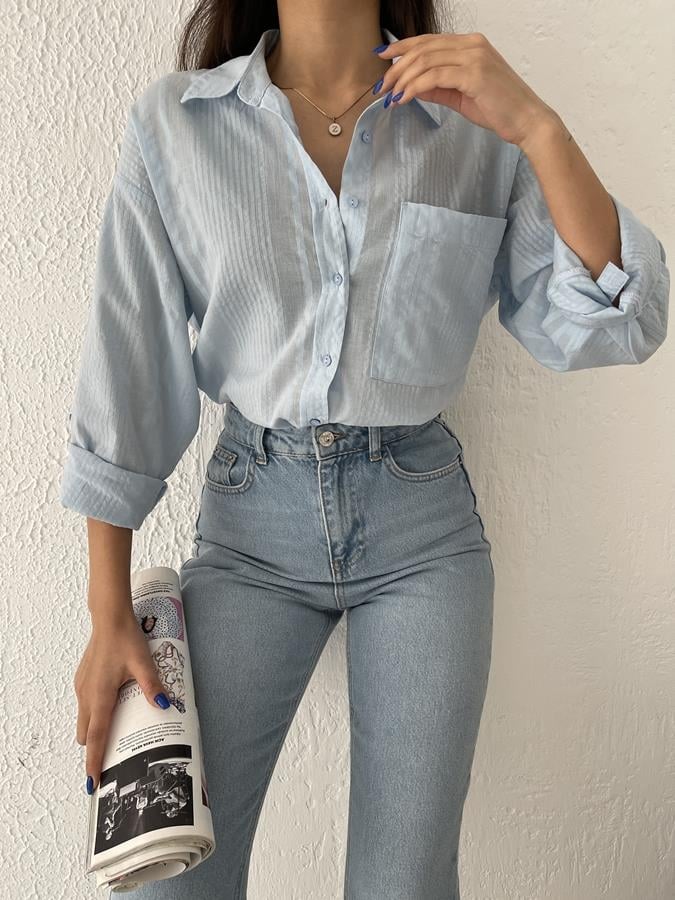 Tek Cep Şeritli Gömlek MAVİ