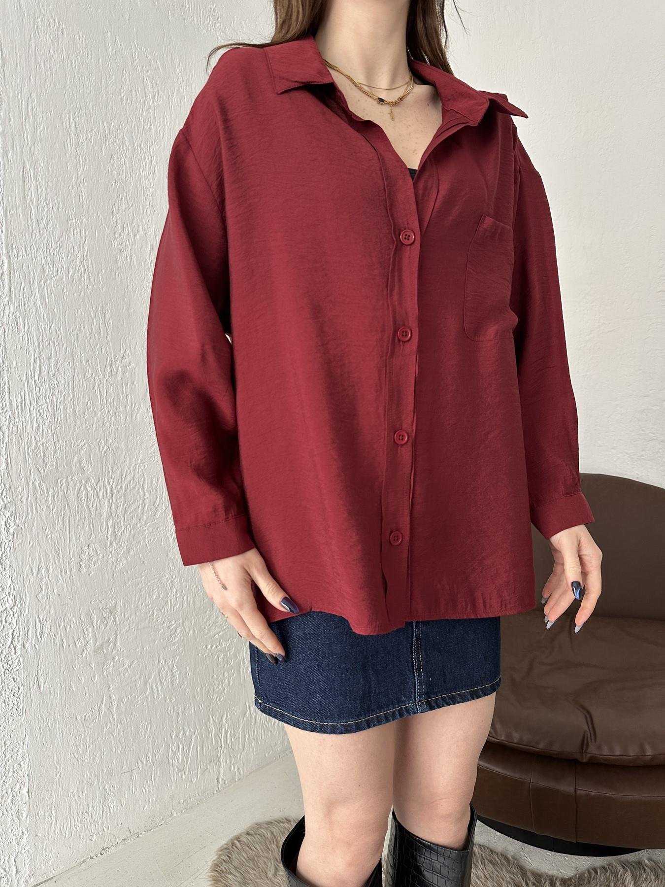 Tek Cepli Oversize Gömlek BORDO